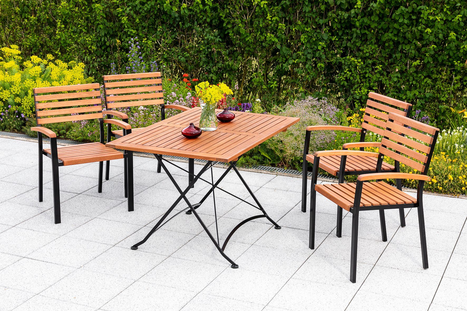 MERXX Tuin-eethoek Kasteeltuin 4 stapelstoelen met klaptafel (5-delig) tuinsets grijs