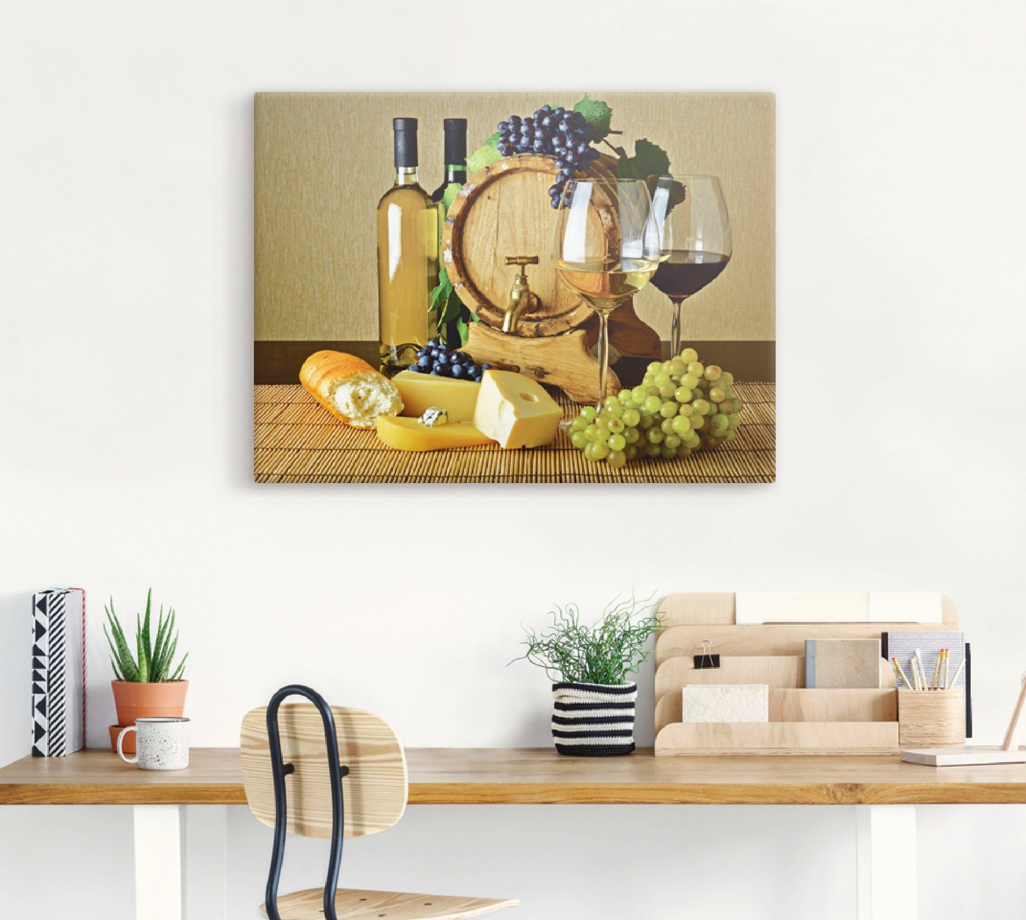Artland Artprint Kaas, wijn en druiven als artprint van aluminium, artprint op linnen, muursticker of poster in verschillende maten