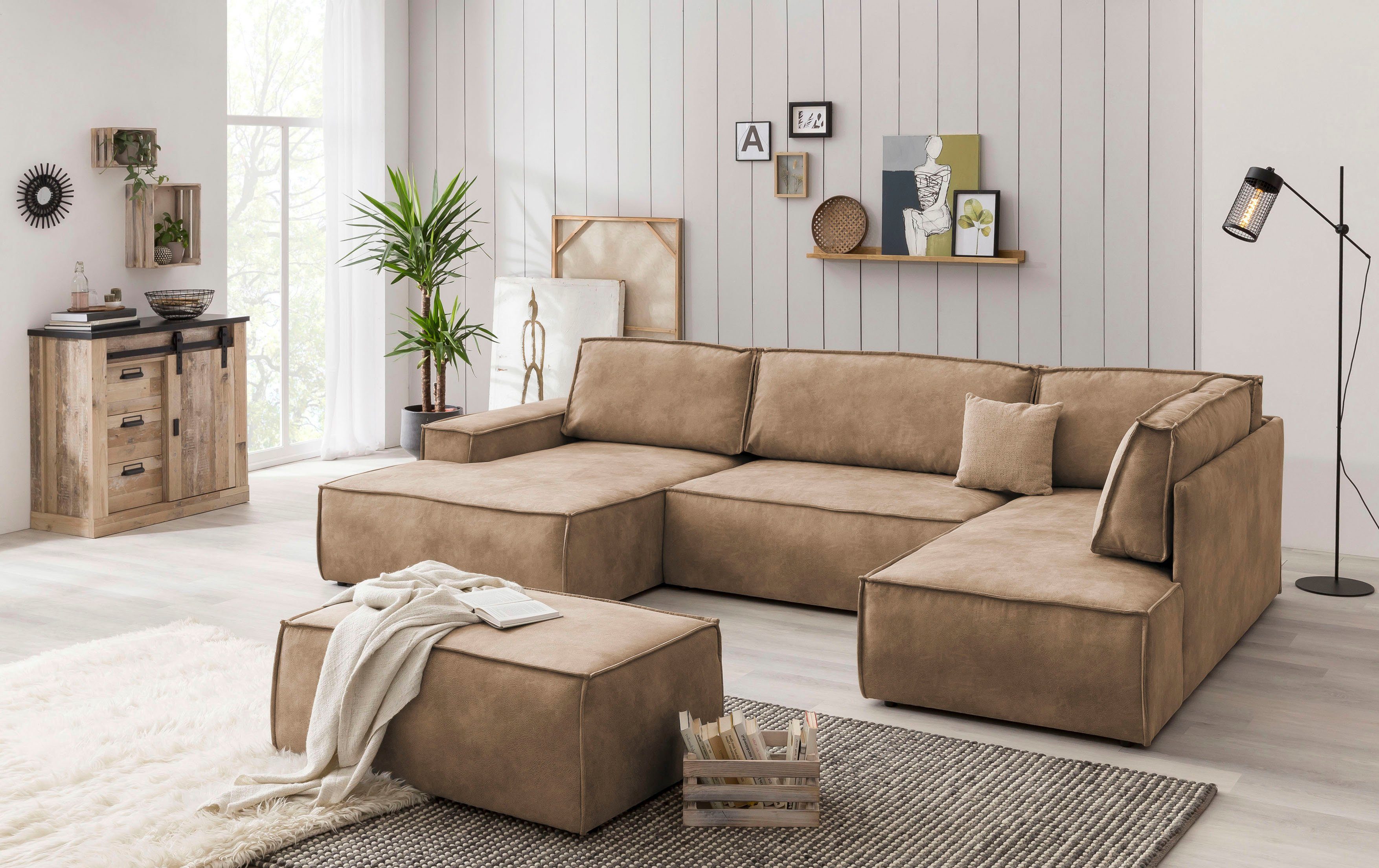 Home affaire Zithoek SHERWOOD 329 cm, U-vorm, slaapbank, Slaapfunctie met bedkist (194x139 cm), cord, vintage, fluweel