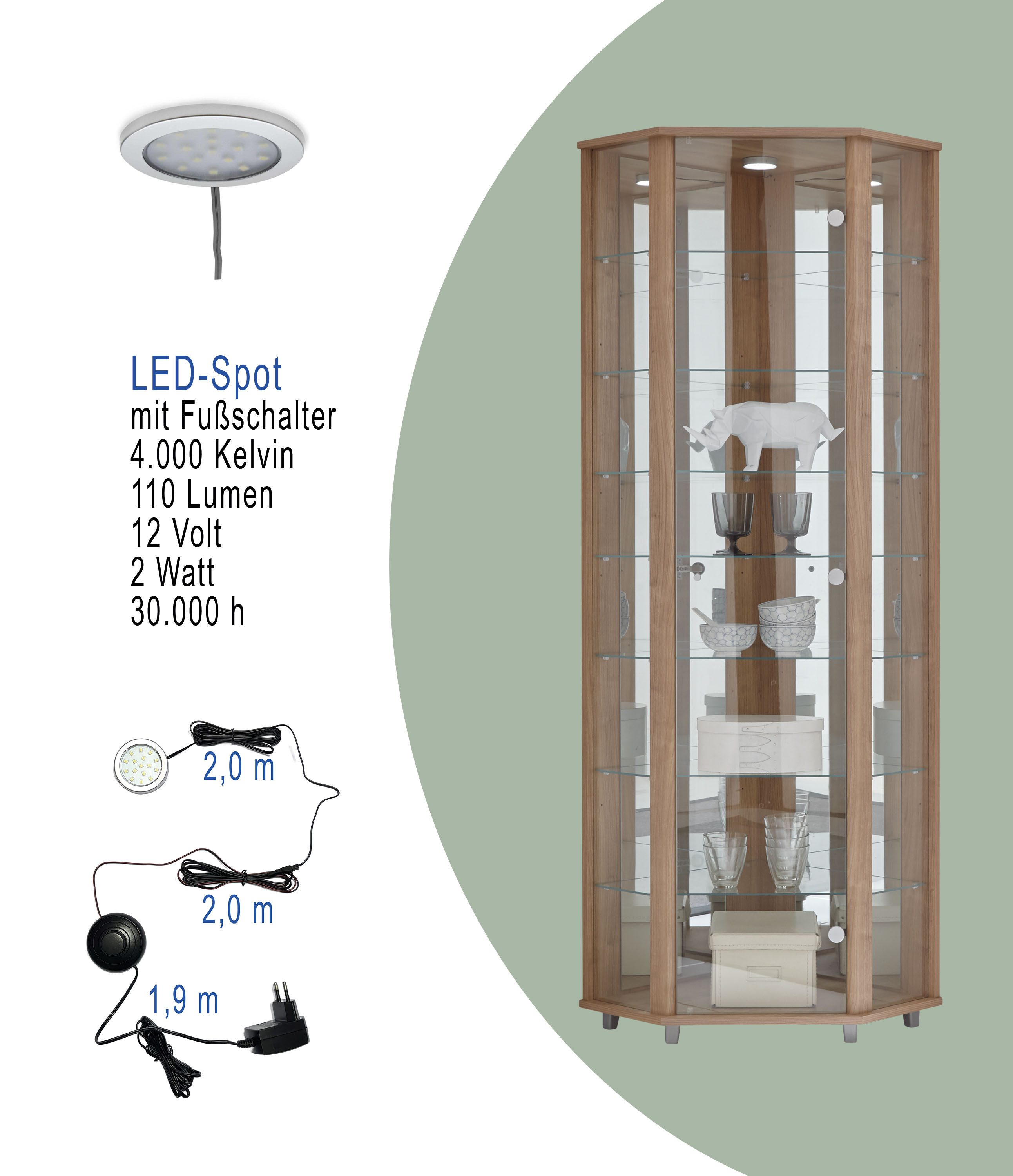 fif möbel Hoekvitrinekast TRIO hoogte ca. 172 cm, incl. verlichting Hoekvitrine/Glasvitrine 1x Glazen deur, perfect voor verzamelaars, verzamelvitrine