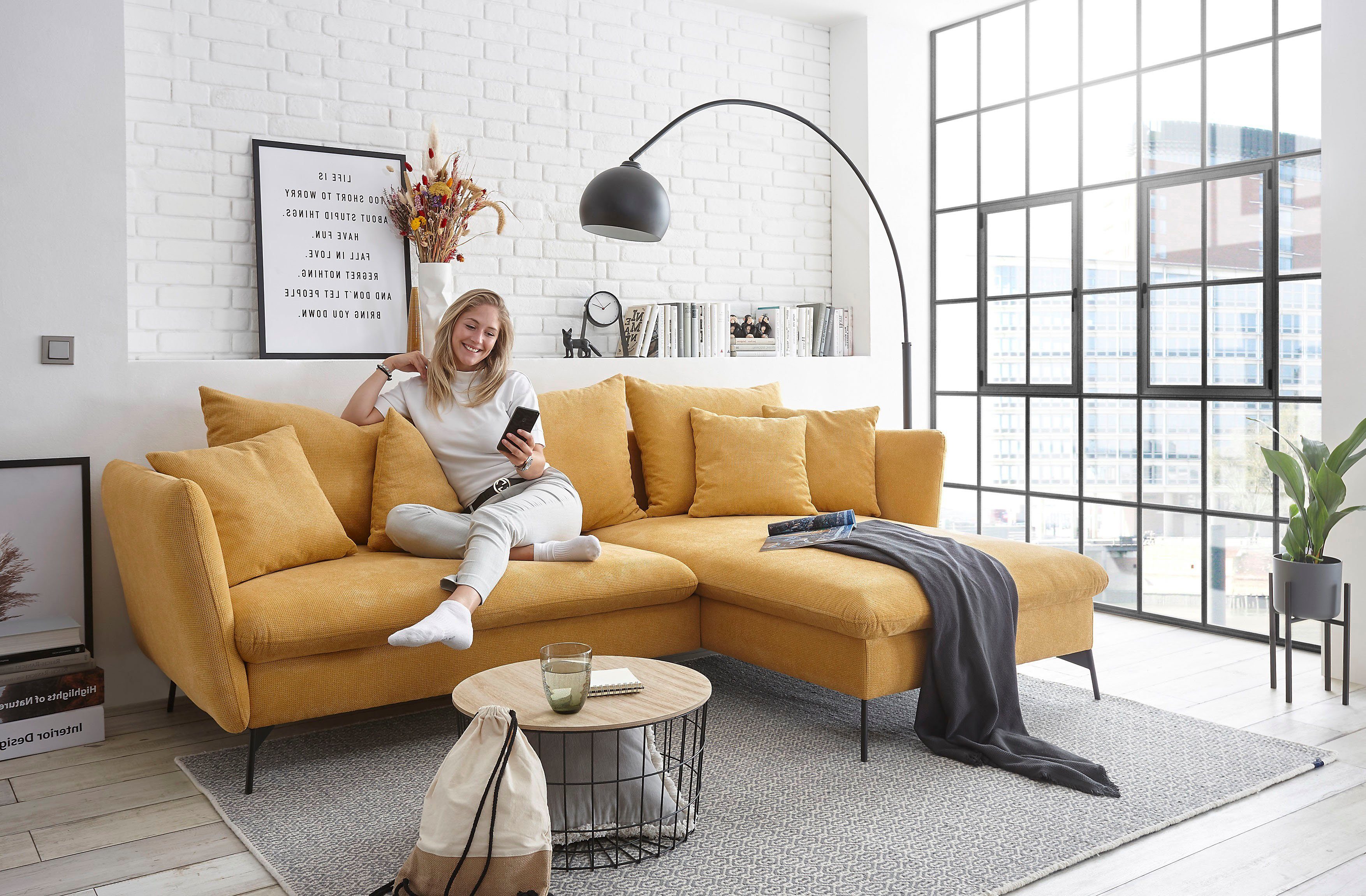 andas Hoekbank LIVORNO,258 cm, L-model, Slaapfunctie en bedlade (139/224 cm), fluweel, structuur, geweven stof