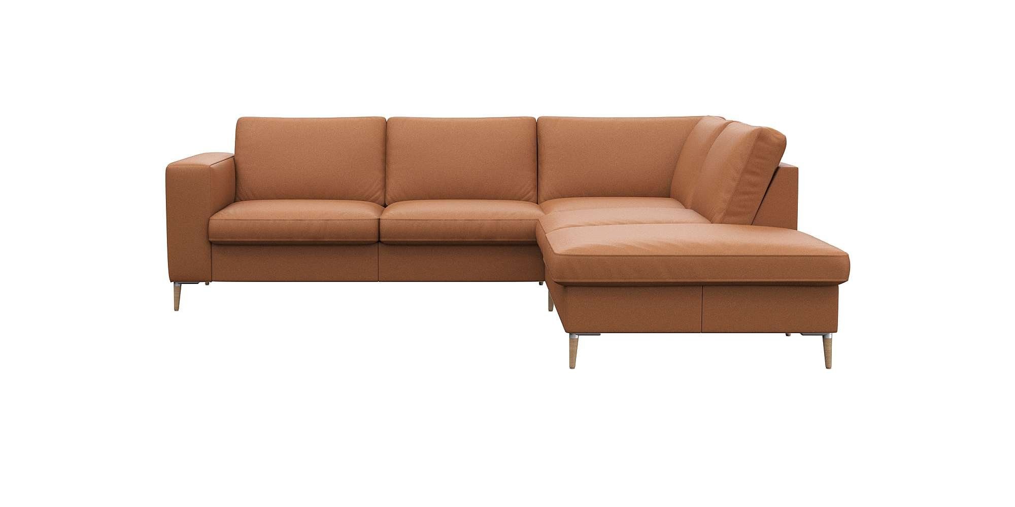 FLEXLUX Hoekbank Fiore, L-vorm brede armleuningen, aluminium/eiken poten, bxd 241x225 cm, koudschuim in de zitting bruin, hoekbanken, Ottomane rechts