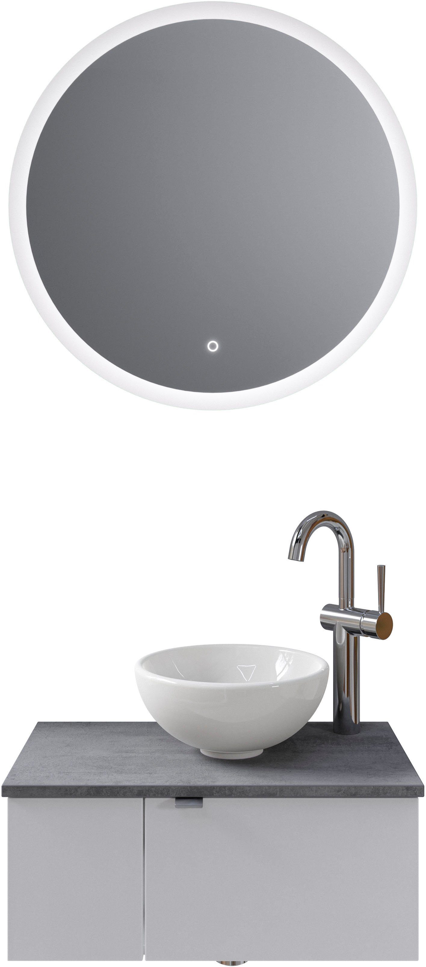 Saphir Badkamerserie Serie 6915 Gastenbadkamer, 70 cm breed, met led-spiegel, open vak en 2 deuren (4-delig) badmeubelsets wit