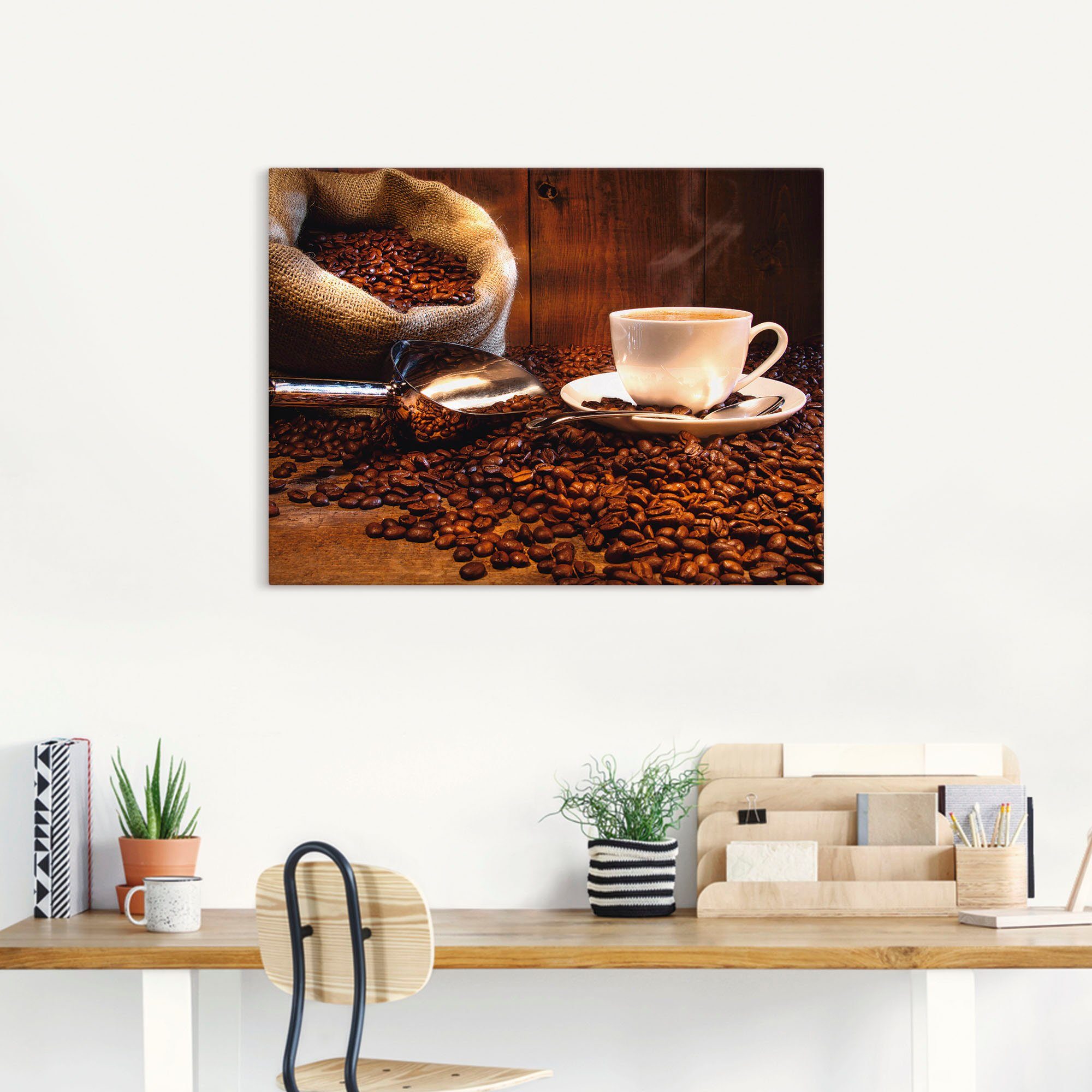 Artland Artprint op linnen Koffiekopje en linnen zak op tafel