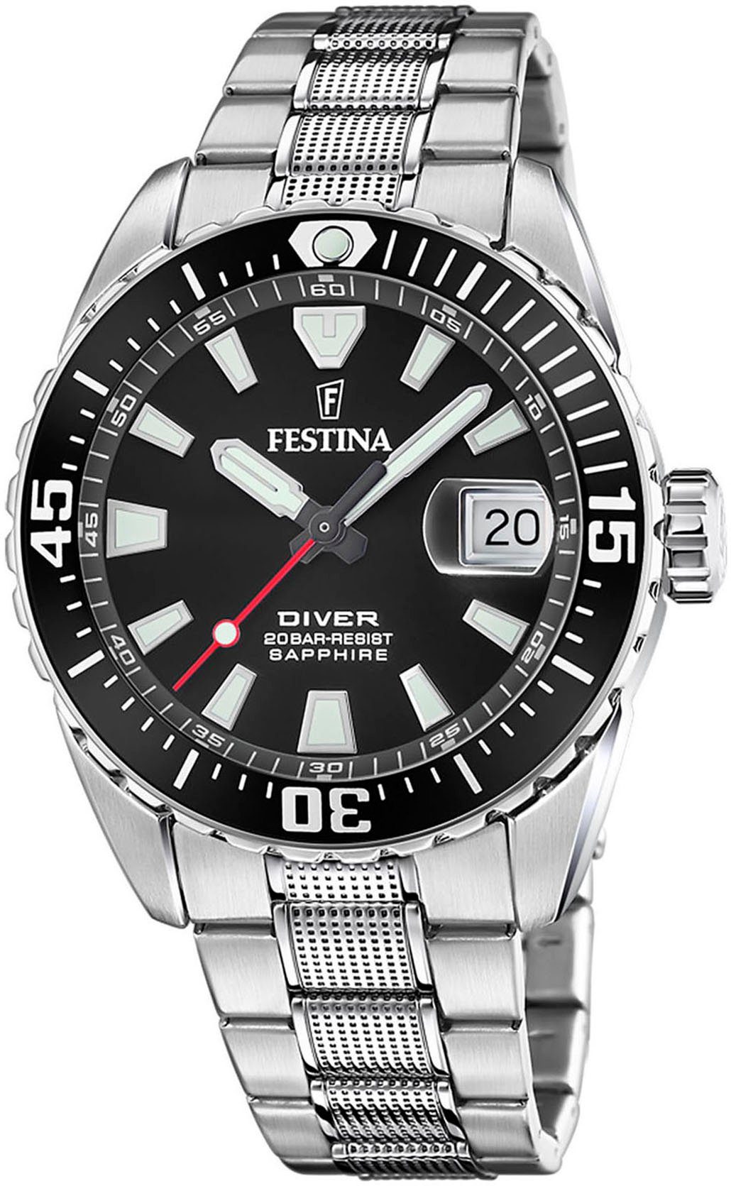 Festina Duikhorloge The Originals/Diver Horloge, quartzhorloge, herenhorloge, tot 20 bar waterdicht, stalen armband heren horloges zilver(kleur)