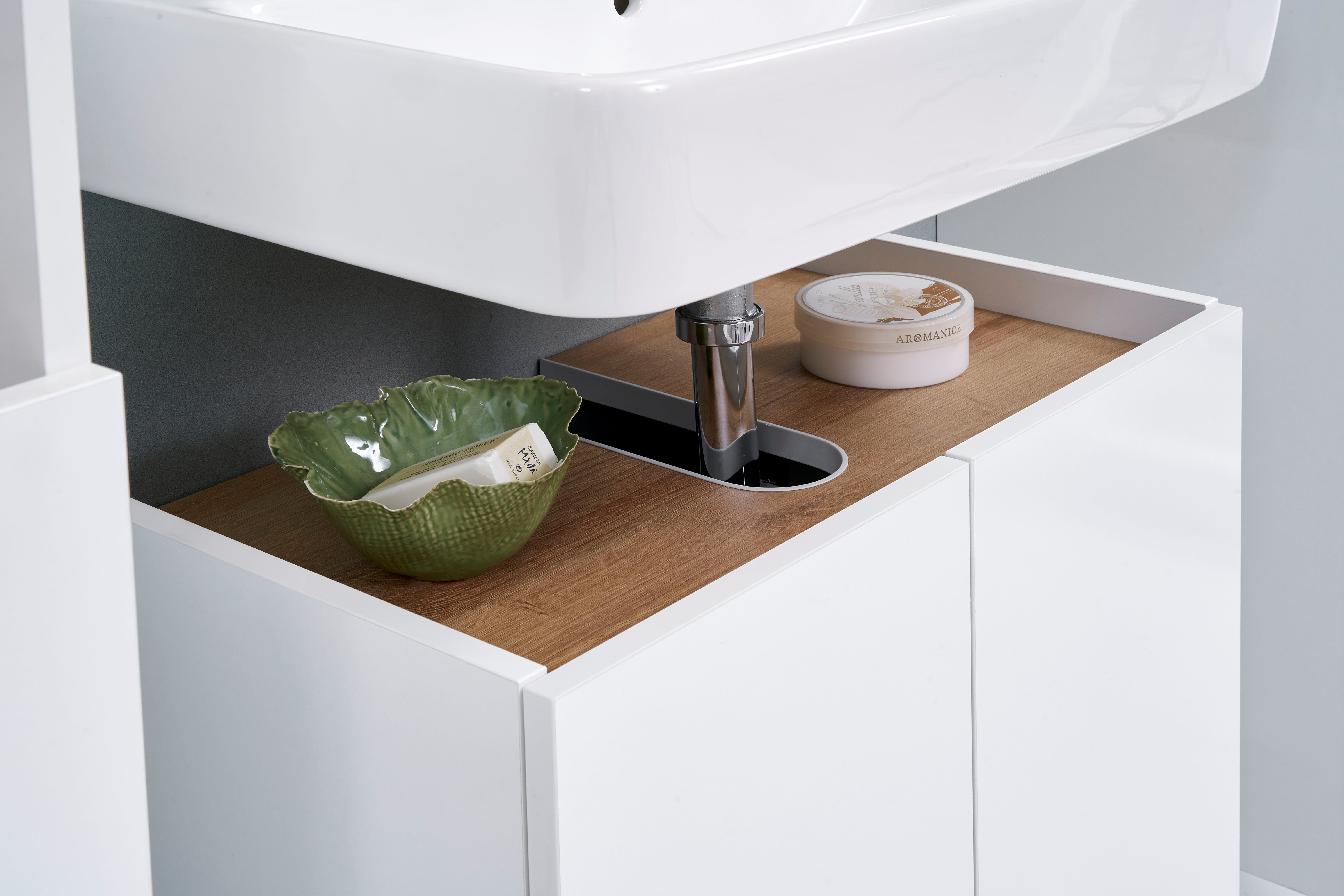 Saphir Badkamerserie Quickset 947 3-delig, wastafelonderkast met spiegel Onderkast, 3 deuren, 1 plank, inclusief deurdemper, glanzend wit (3-delig)