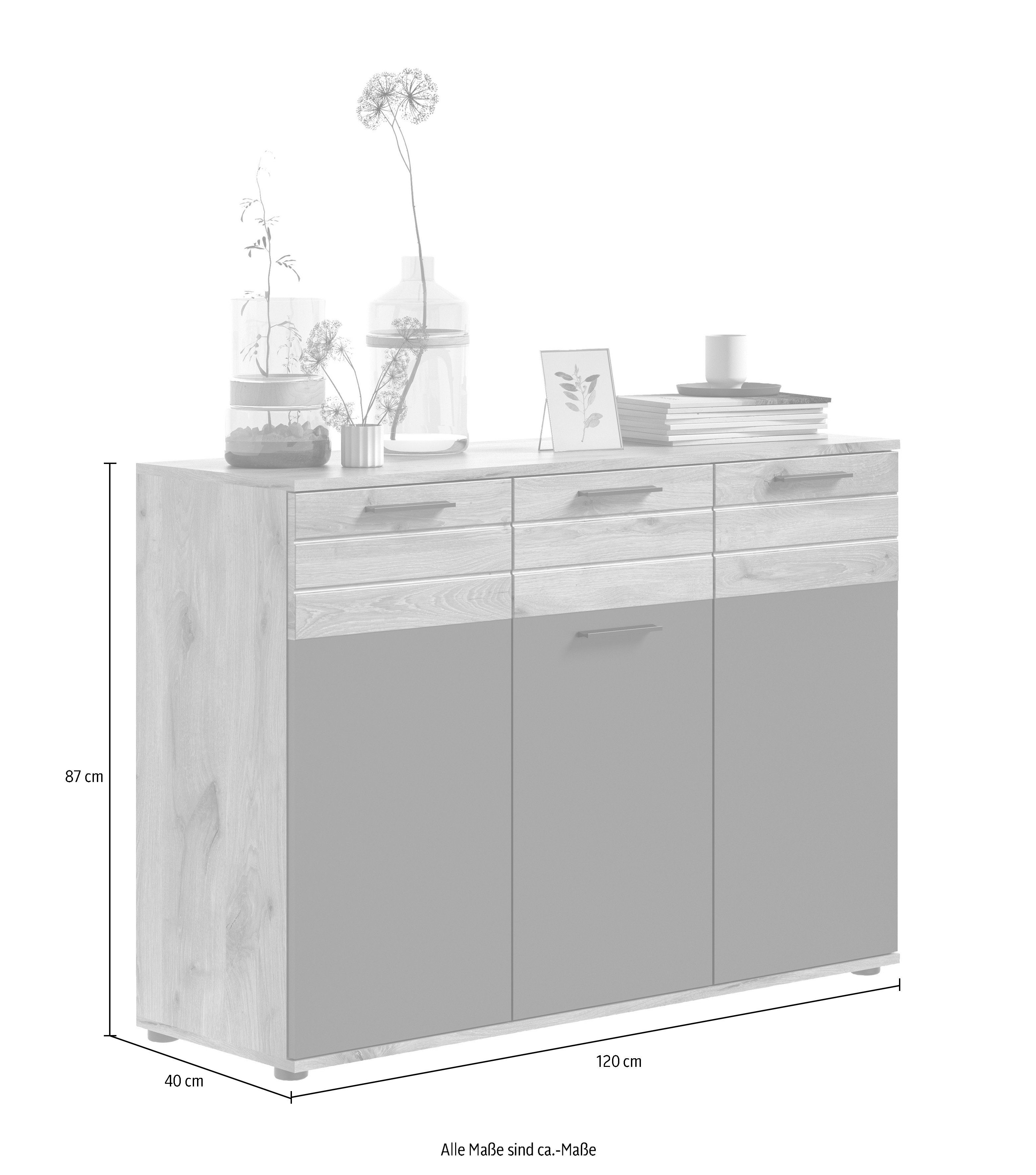 INOSIGN Dressoir Riga, Breedte 120 cm, 3 Deuren, 1 Lade, 5 Planken, 8 Vakken hoogwaardige groeffrezen, met softclose, commode, dressoir, kast