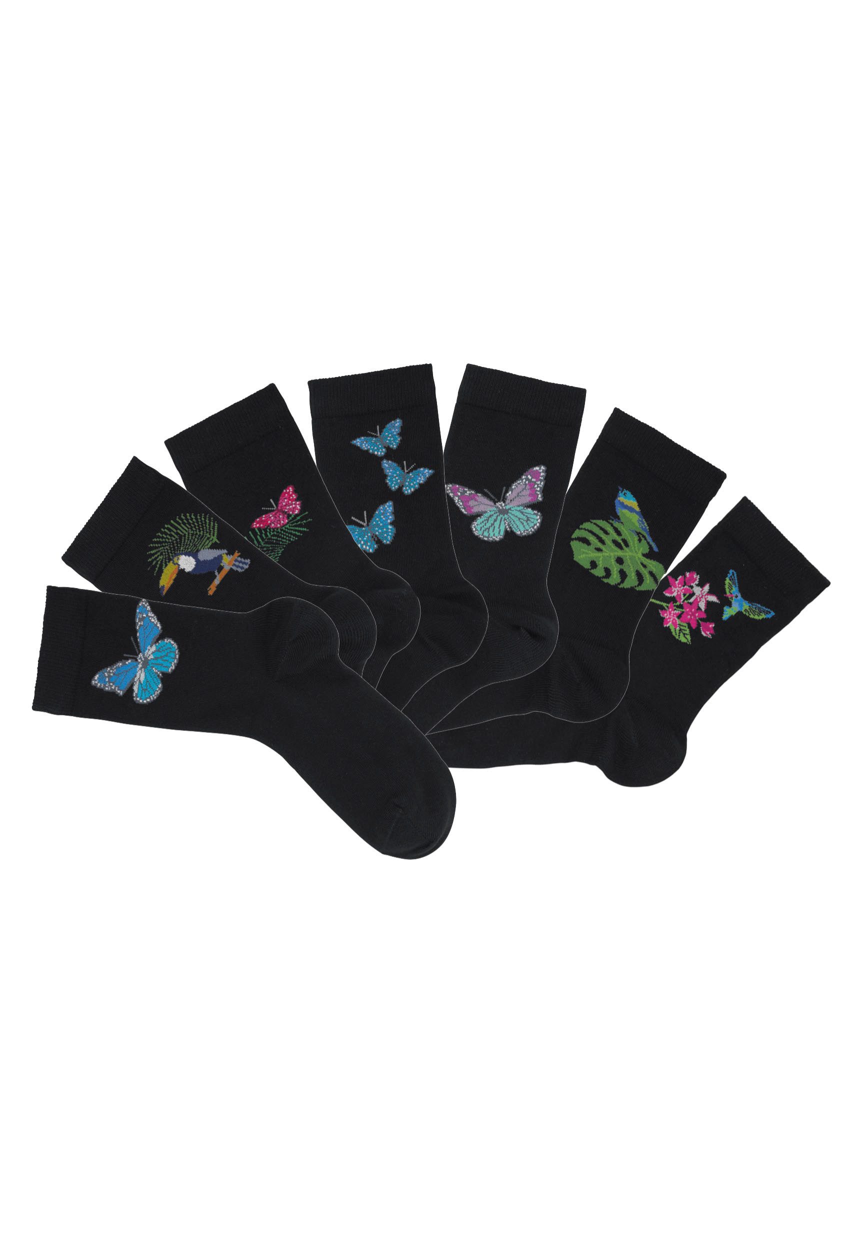 H.I.S Sokken met vlinder- en vogelmotieven (set, 7 paar)