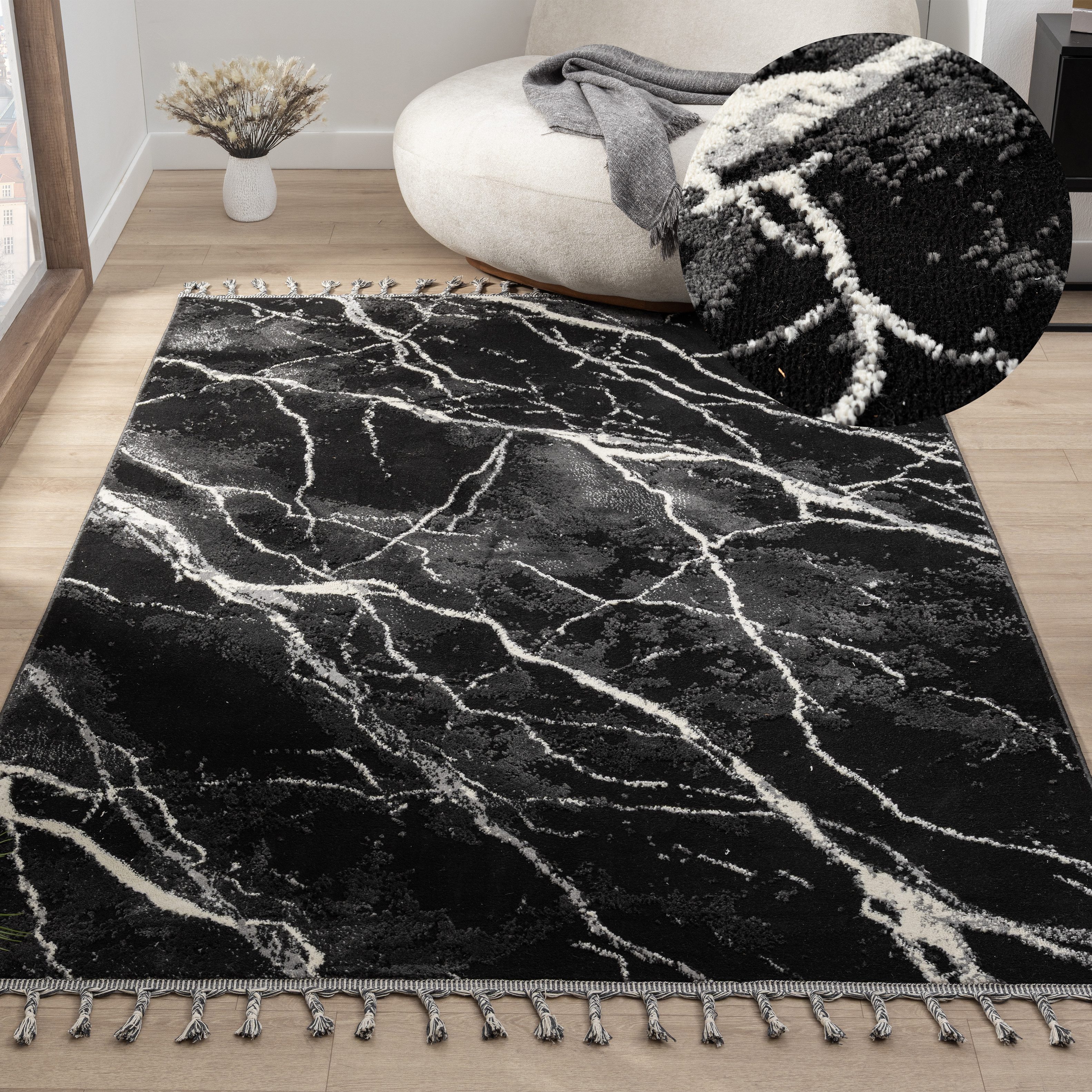 my home Vloerkleed Zoe met franjes, modern marmerdesign, woonkamer, slaapkamer, moderne vloerkleden maat 7 zwart