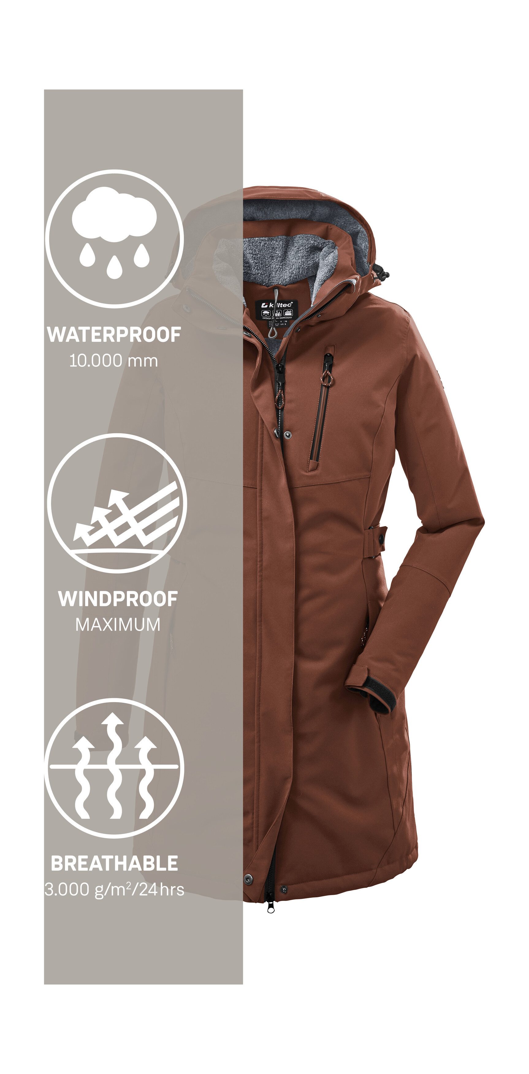 Killtec Parka KOW 165 WMN PRK Water- en winddichte parka met teddyfleece en afneembare capuchon