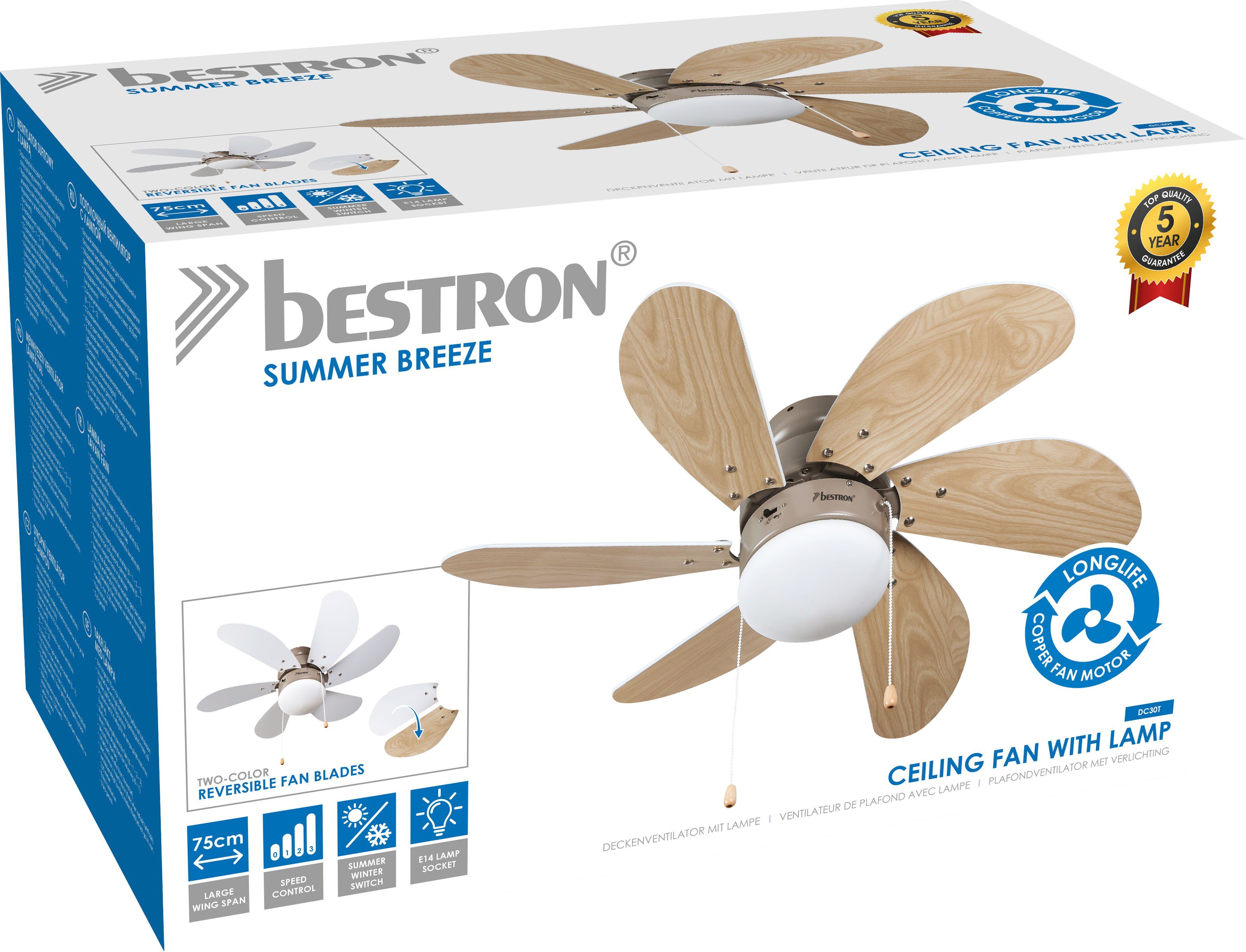 bestron Plafondventilator DC30T Verlichting, vleugelspanwijdte 75 cm ø cm, zomer-/winterfunctie, 50 W