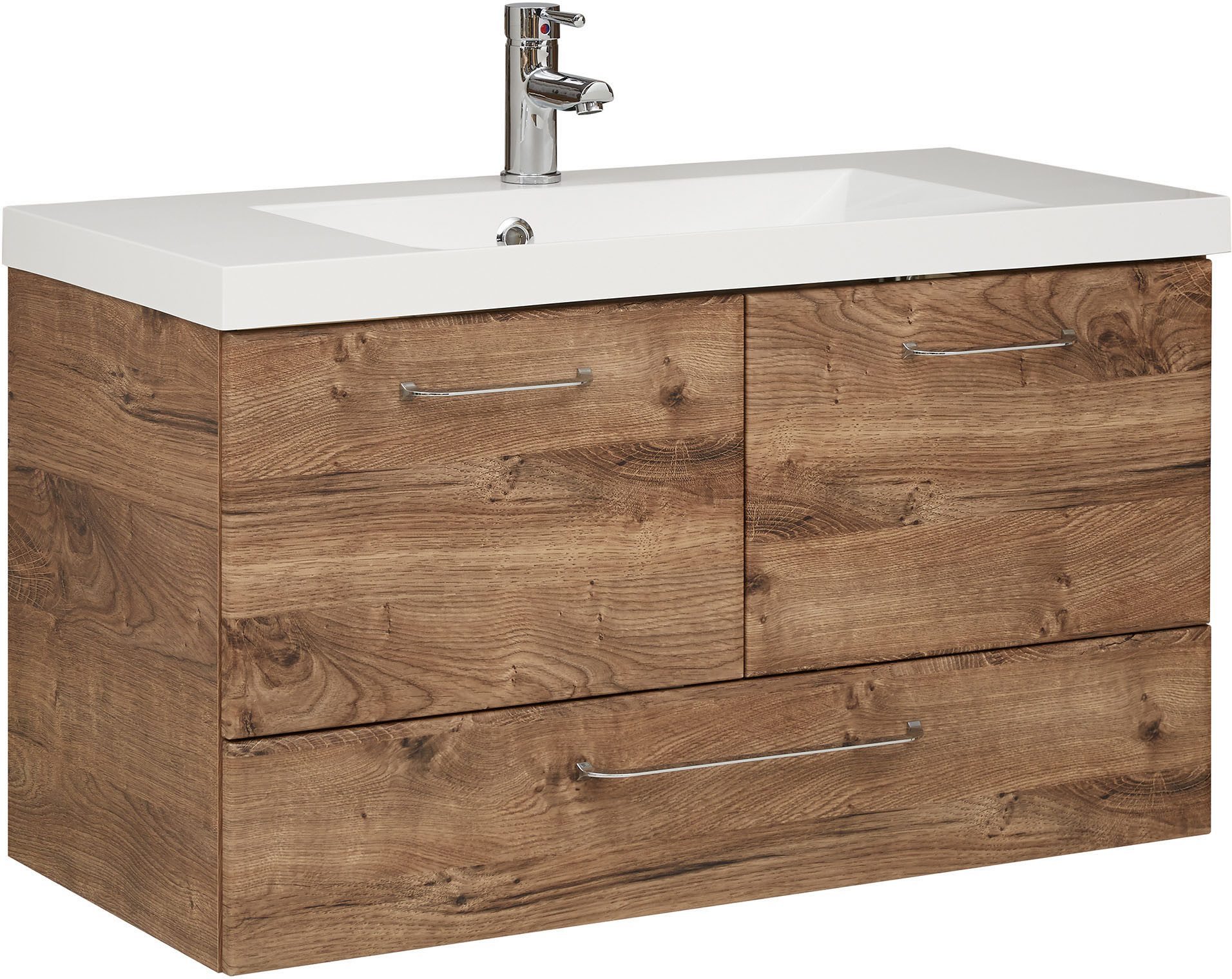 Saphir Badmeubelset Quickset 943 2-delig, mineraalmarmere wastafel en LED-spiegelkast (set) badmeubelsets bruin