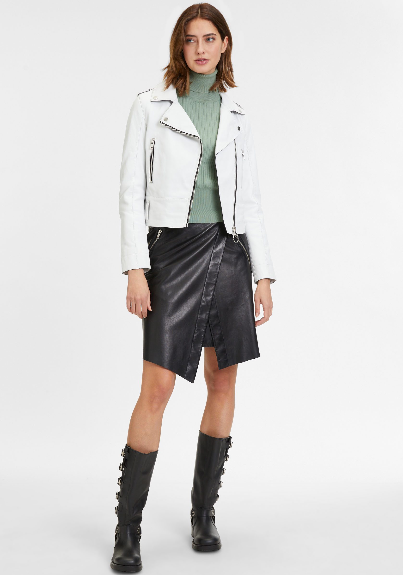Mauritius Leren jack G2WCelin SF met asymmetrische rits, riem, ritssluiting details