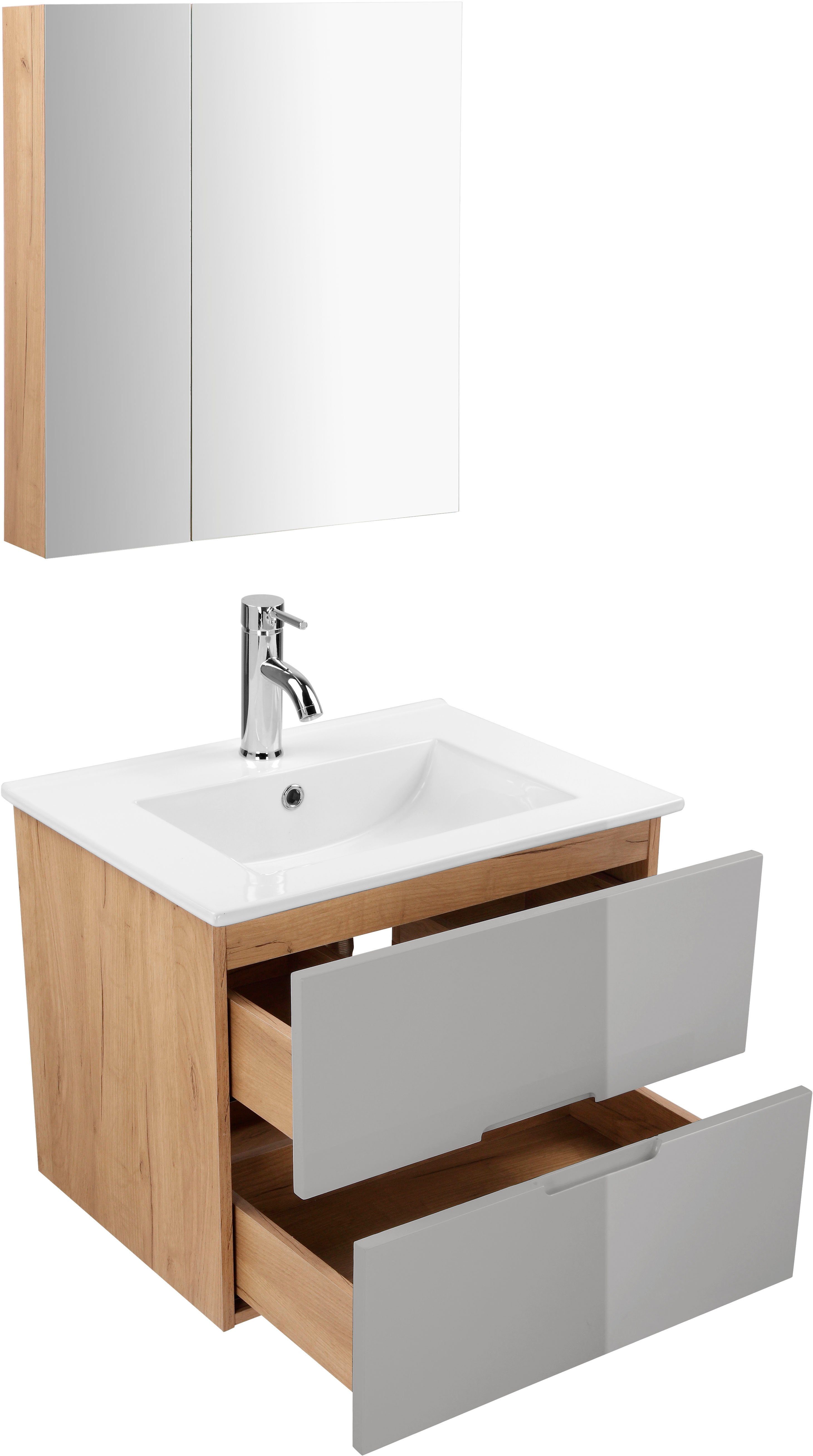 welltime Badkamerserie Lund badkamermeubelset badkamerkast badkamerset Spiegelkast, wastafelonderkast en wasbak breedte 60 cm (complete set)