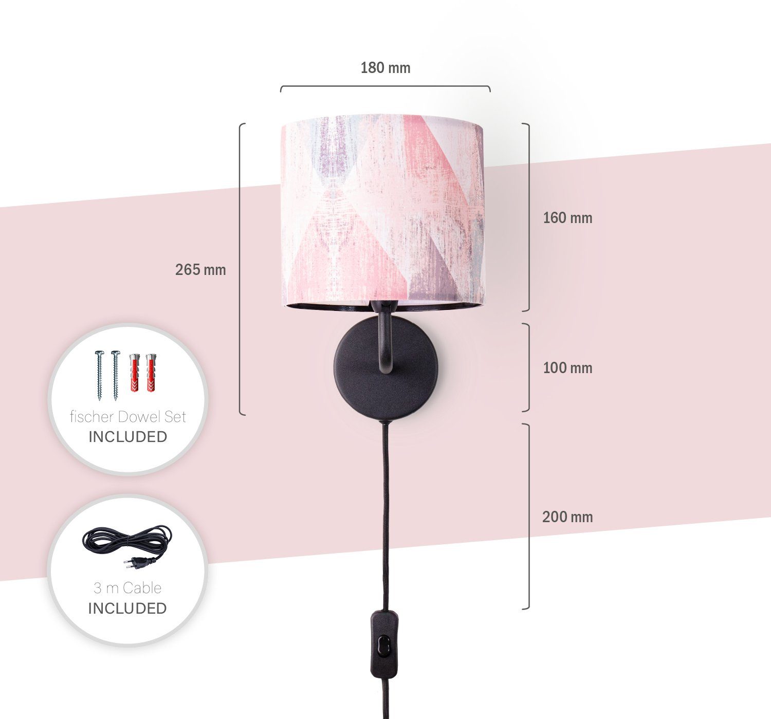 Paco Home Wandlamp Mero 102 Stekker ganglamp woonkamer Ø18cm abstract kabel 3m E14