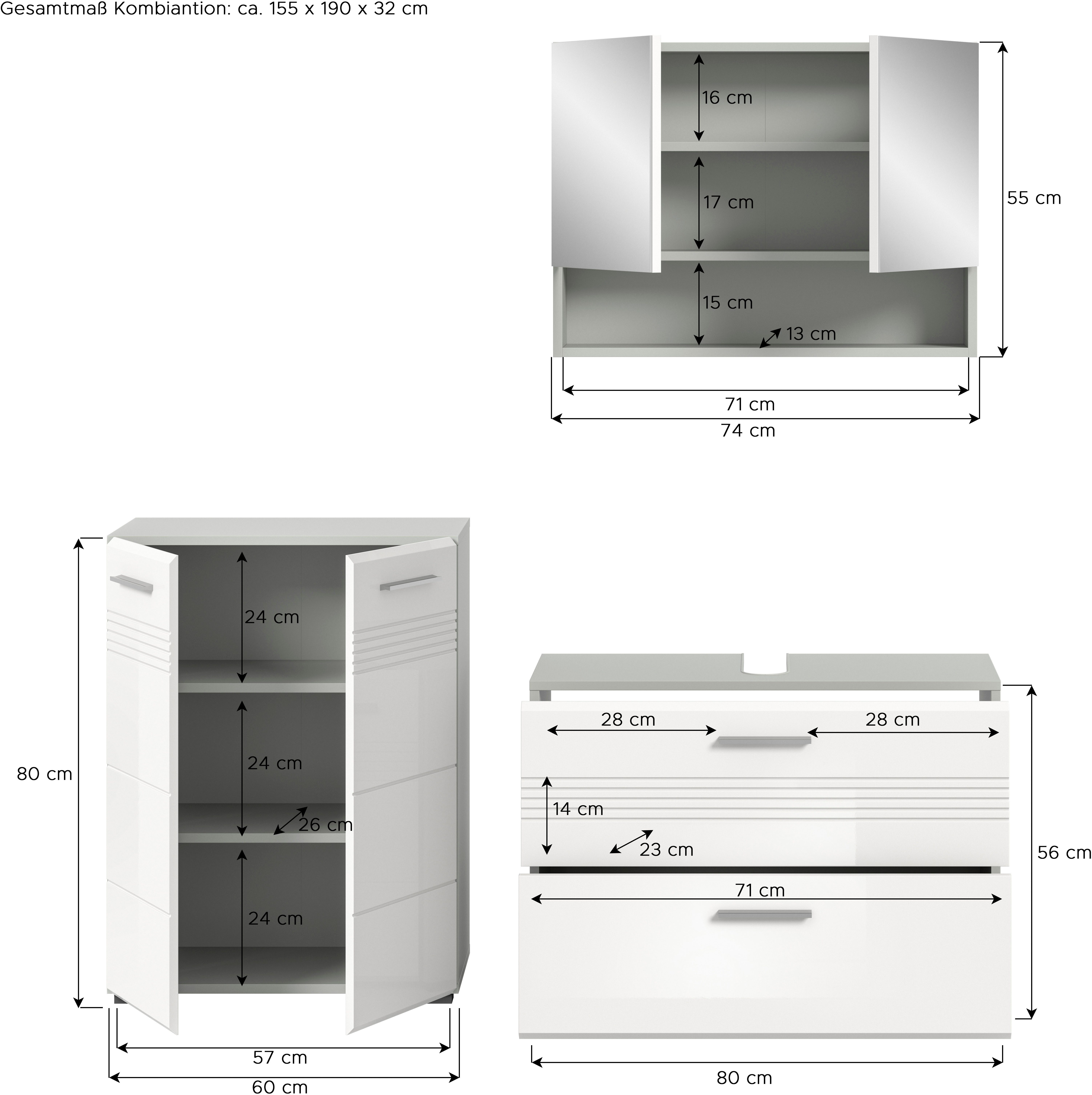 welltime Badmeubelset Calicio, bestaande uit: midikast, wastafelonderkast Spiegelschrank, hoogwaardige MDF front met groeffrasing (3 stuks)