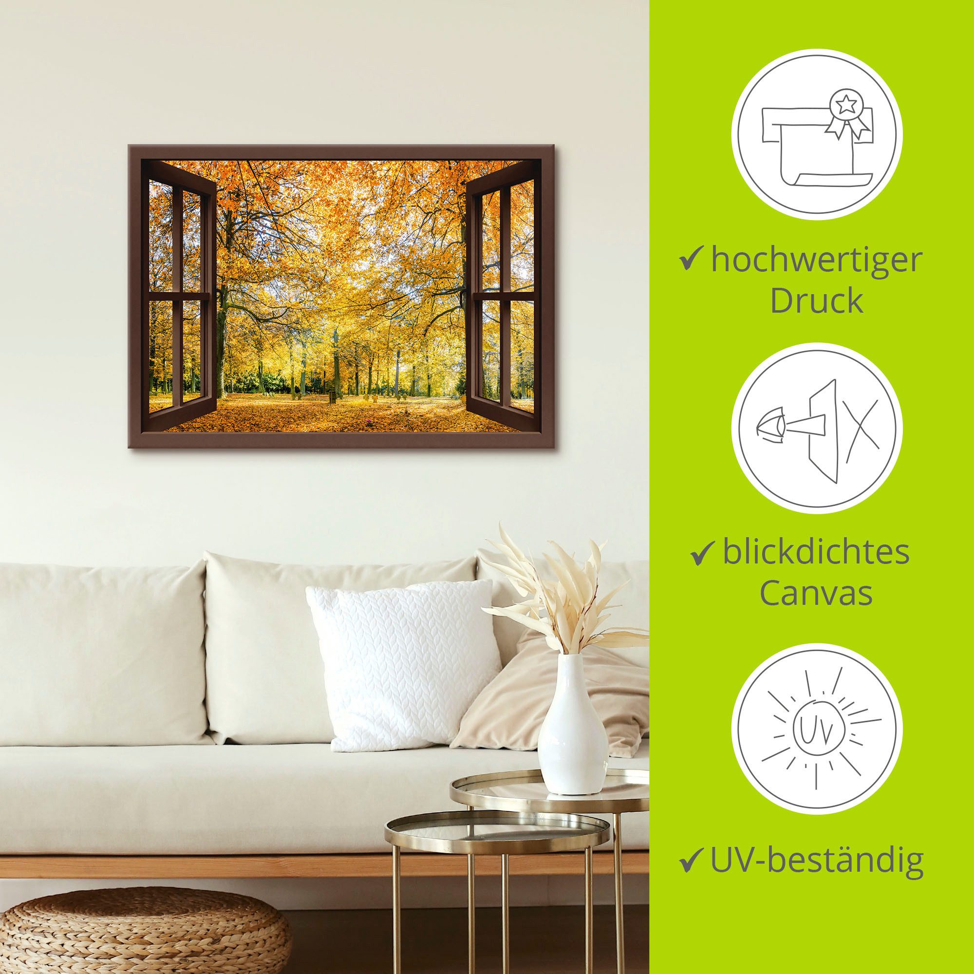Artland Artprint Blik uit het venster - herfstbos panorama als artprint op linnen, poster, muursticker in verschillende maten