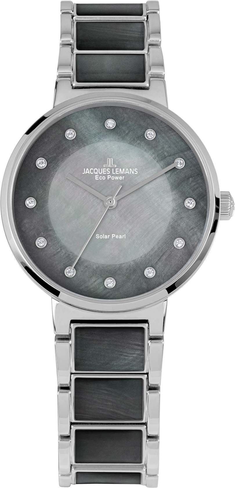 Jacques Lemans Solarhorloge Eco Power, 1-2108A Polshorloge, dameshorloge, parelmoer wijzerplaat, Swarovski-kristallen dames horloges zwart