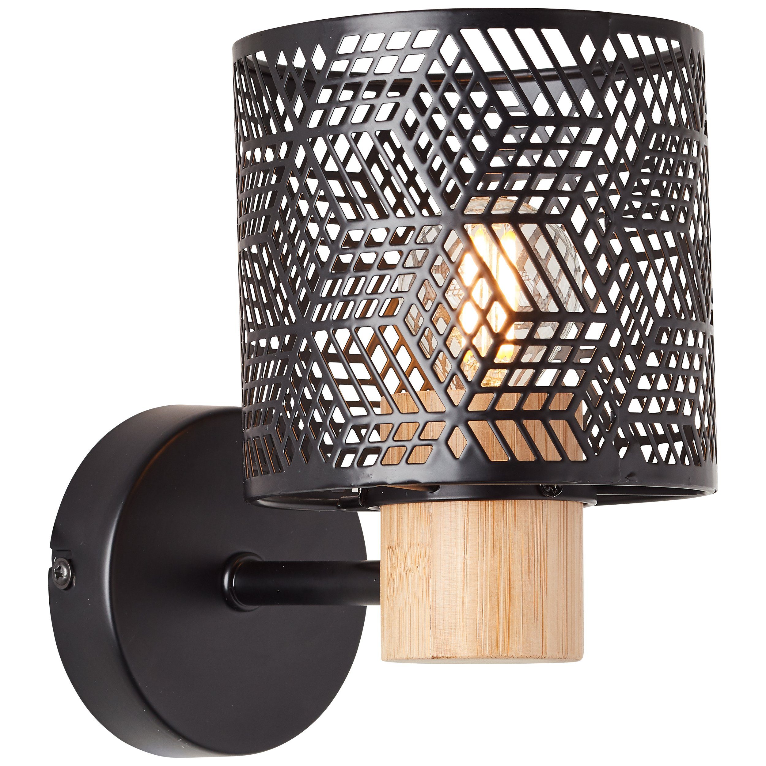 Brilliant Leuchten Wandlamp Santy Wandspot, 17 x 18 x 12 cm, E14, metaal/bamboe, zwart/natuurlijk