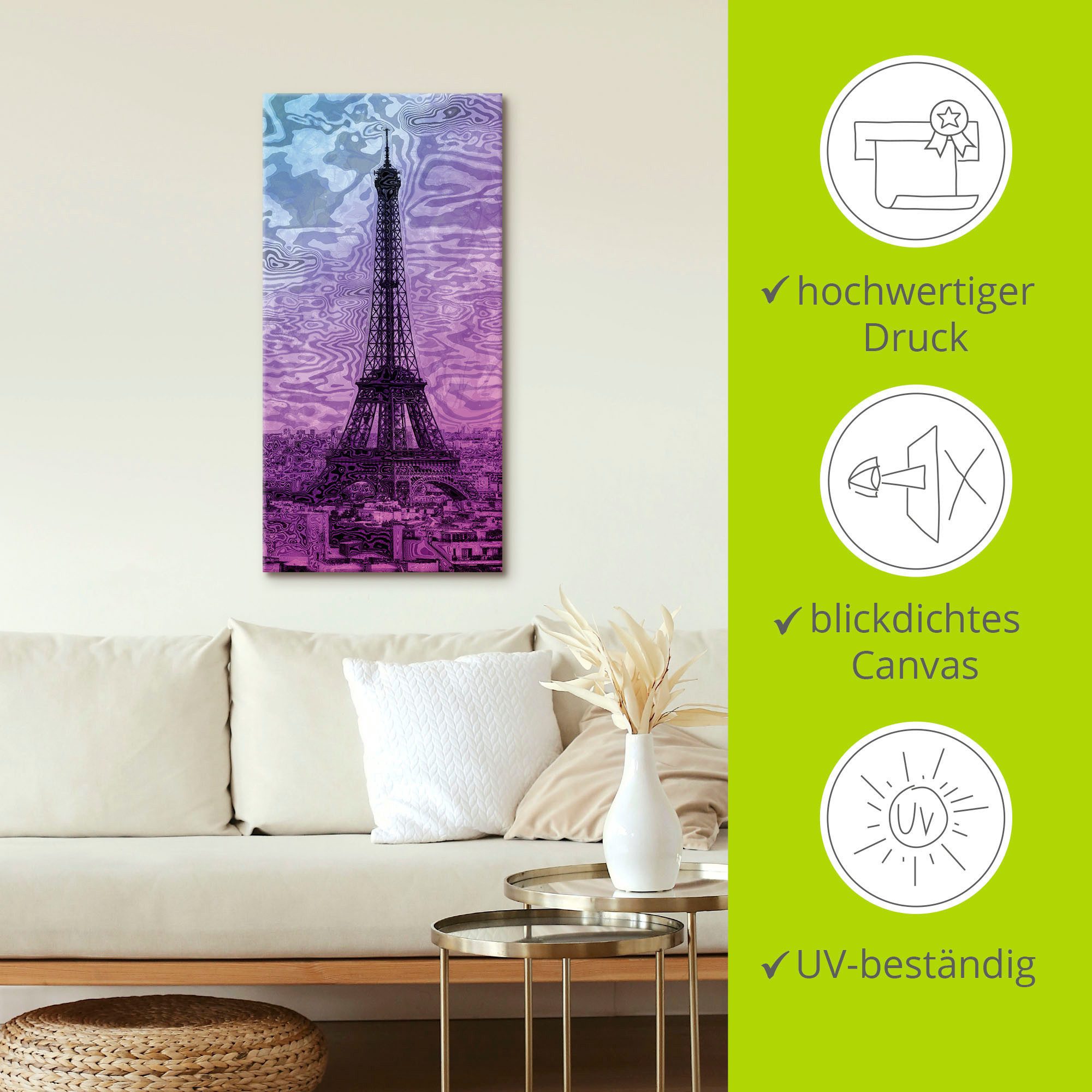 Artland Artprint Parijs Eiffeltoren paars/blauw als artprint van aluminium, artprint voor buiten, artprint op linnen in verschillende maten