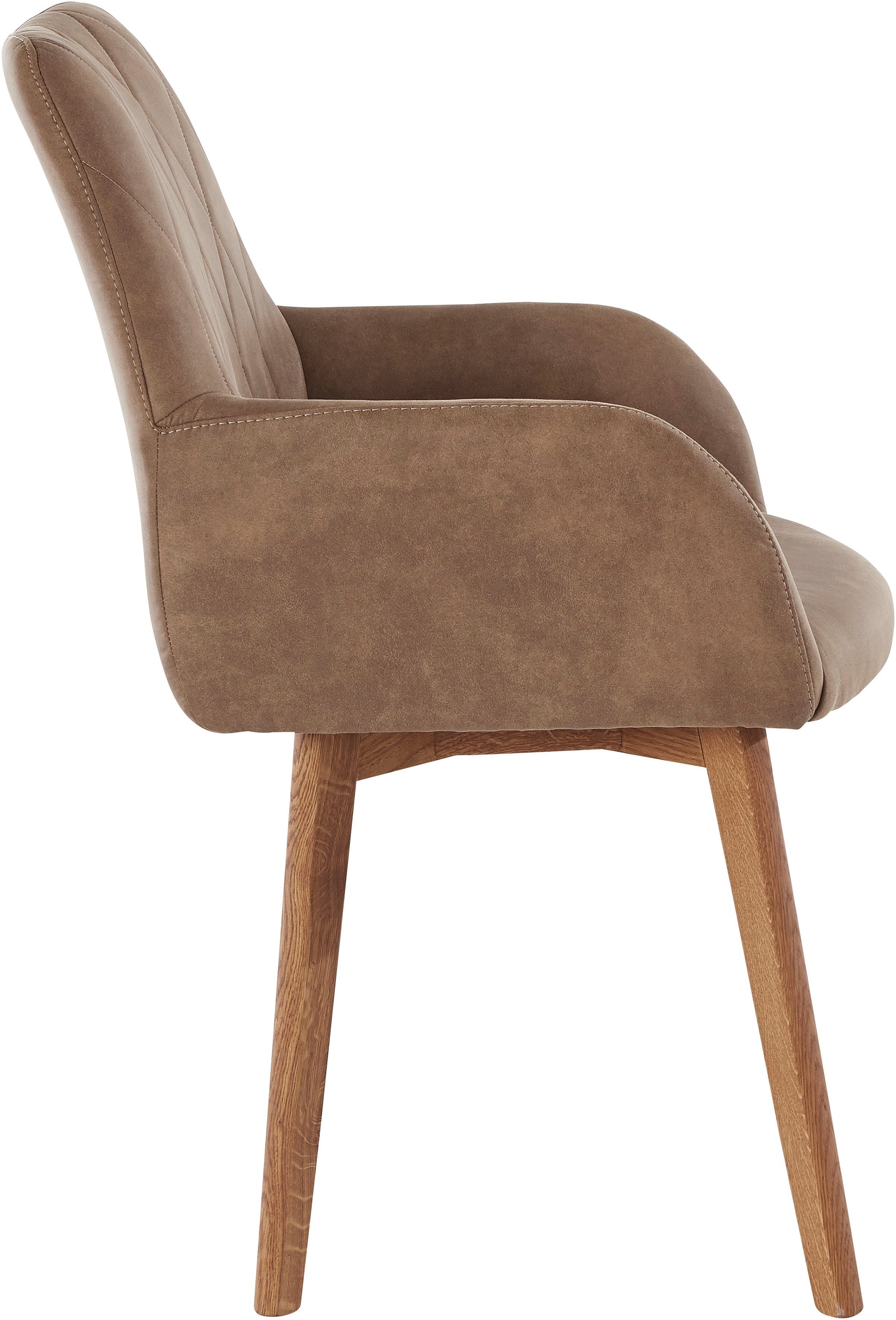 Home affaire Eetkamerstoel Brest Fauteuil in leer of microvezel, geolied massief eiken frame (2 stuks)