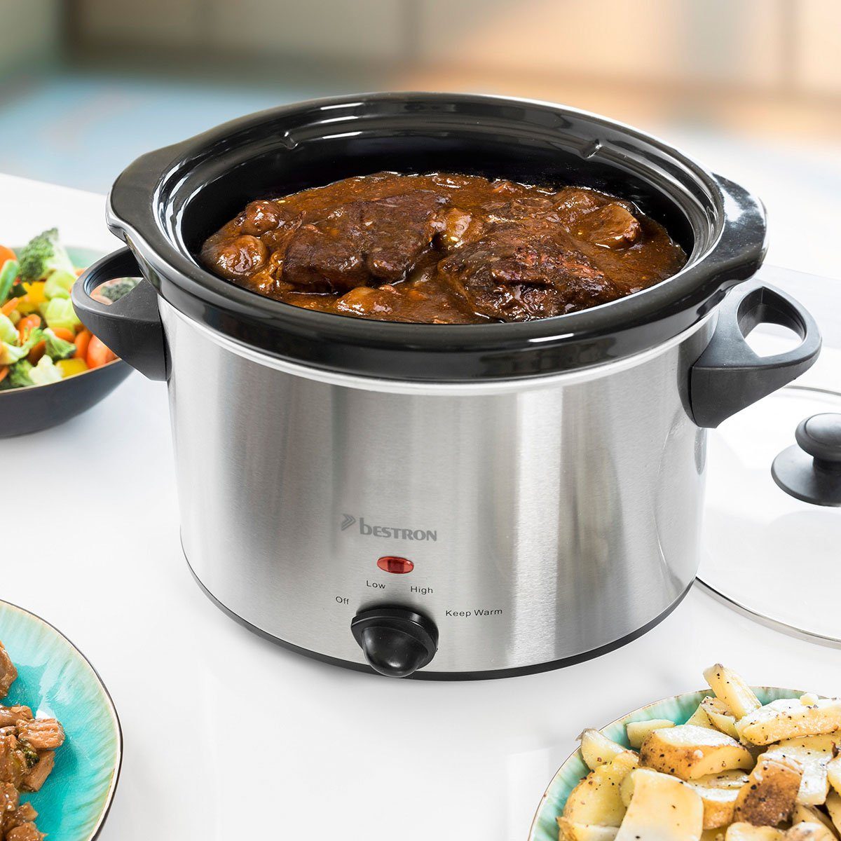 bestron Slowcooker ASC350 met keramische pan en glazen deksel, 3,5 liter, edelstaal