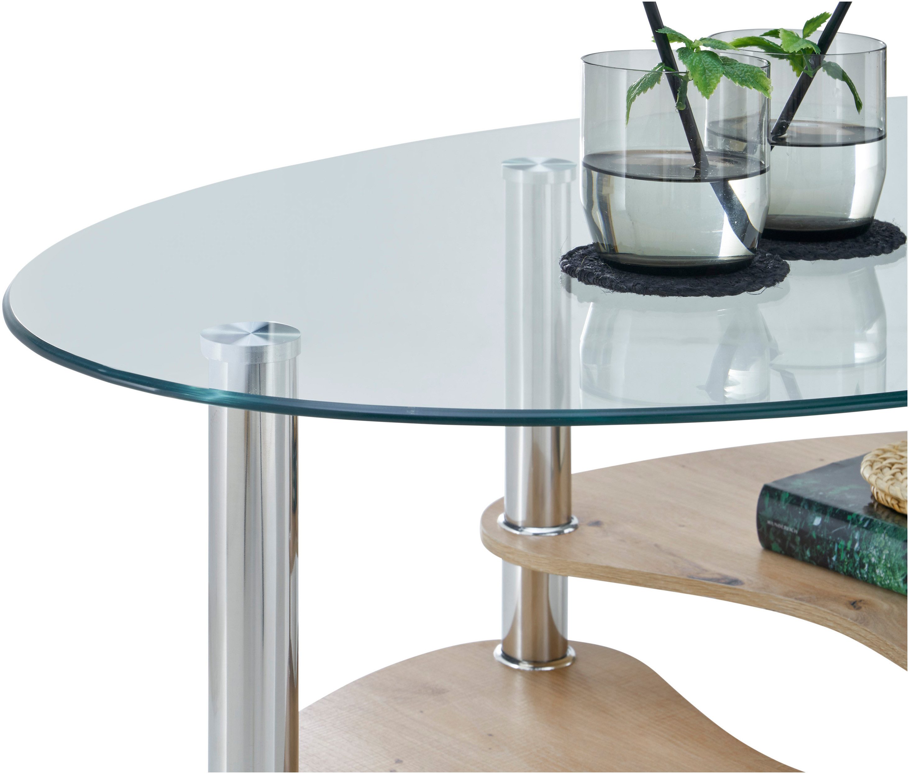 Stolkom Salontafel Panty glazen tafel, salontafel, bijzettafel glas BxHxD 90x42x55 cm Veiligheidsglas 8 mm, legplank in MDF eiken Artisan en eiken Sonoma