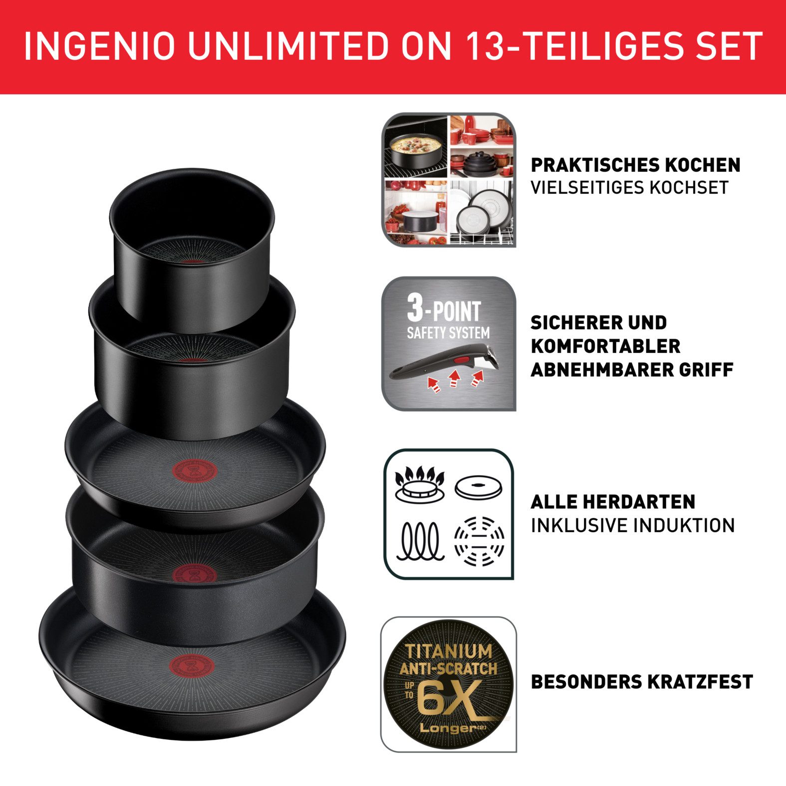 Tefal Pannenset Ingenio Unlimited On pannen en potten inductiegeschikt, antiaanbak Thermo-signaal, afneembare handgreep, geschikt voor alle kookplaten (set, 13-delig)