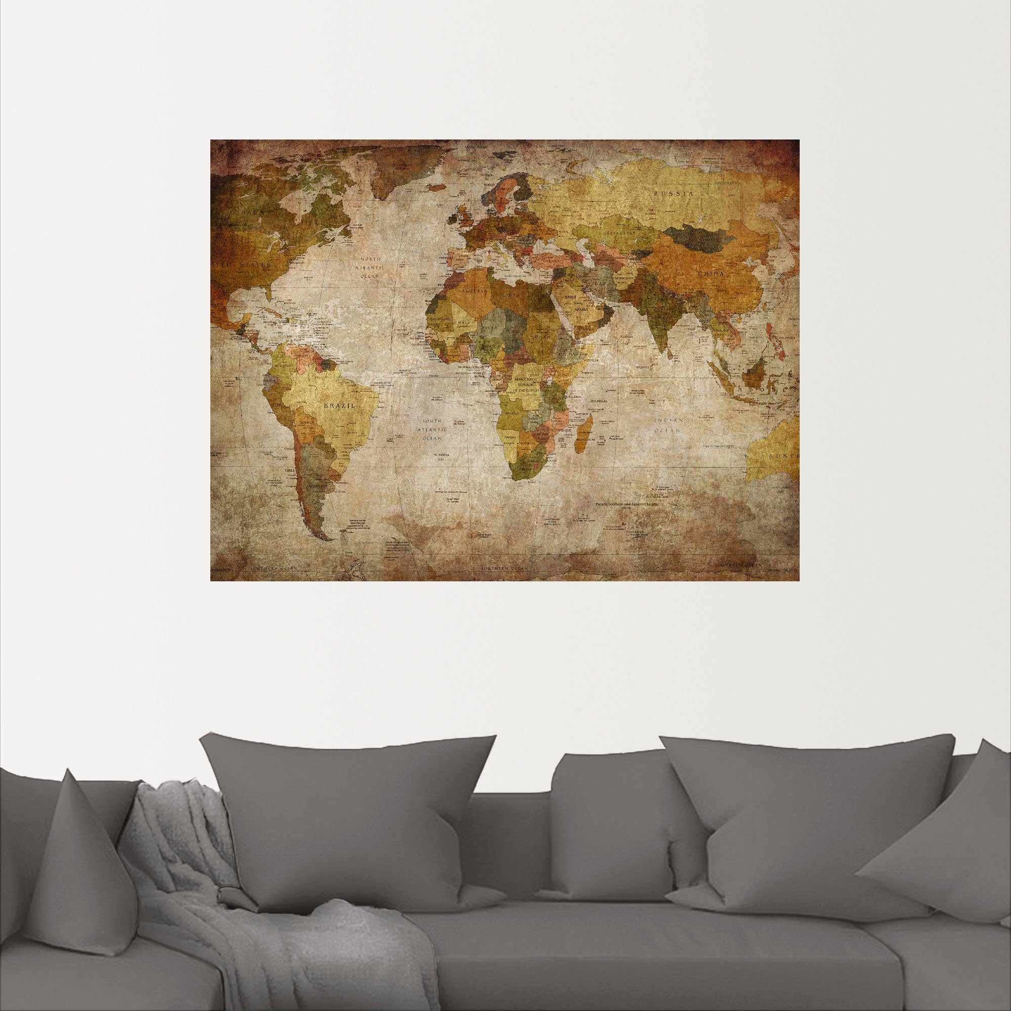 Artland Artprint Wereldkaart als artprint van aluminium, artprint voor buiten, artprint op linnen, poster, muursticker