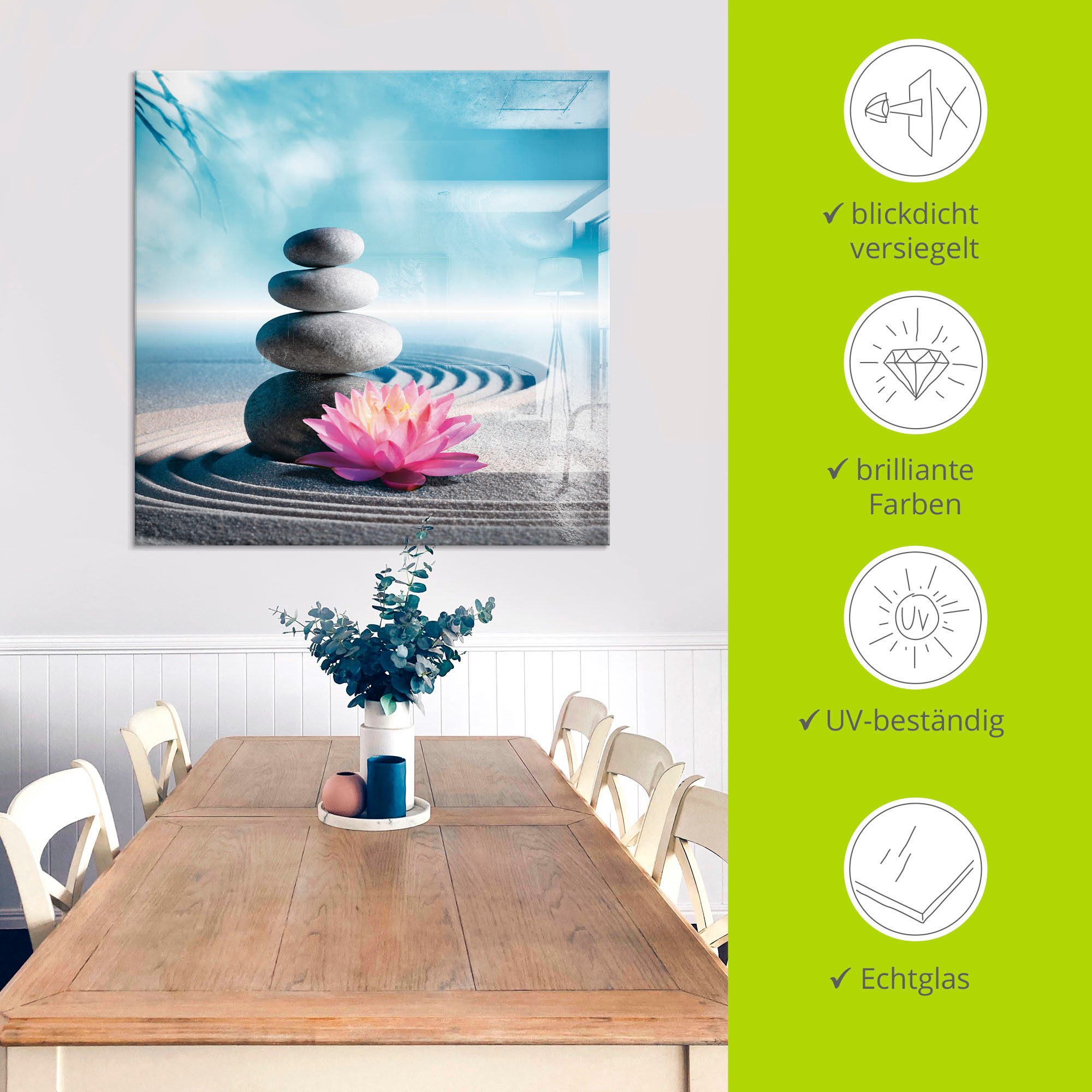 Artland Print op glas Zand, lelie en spa-stenen in zen-tuin