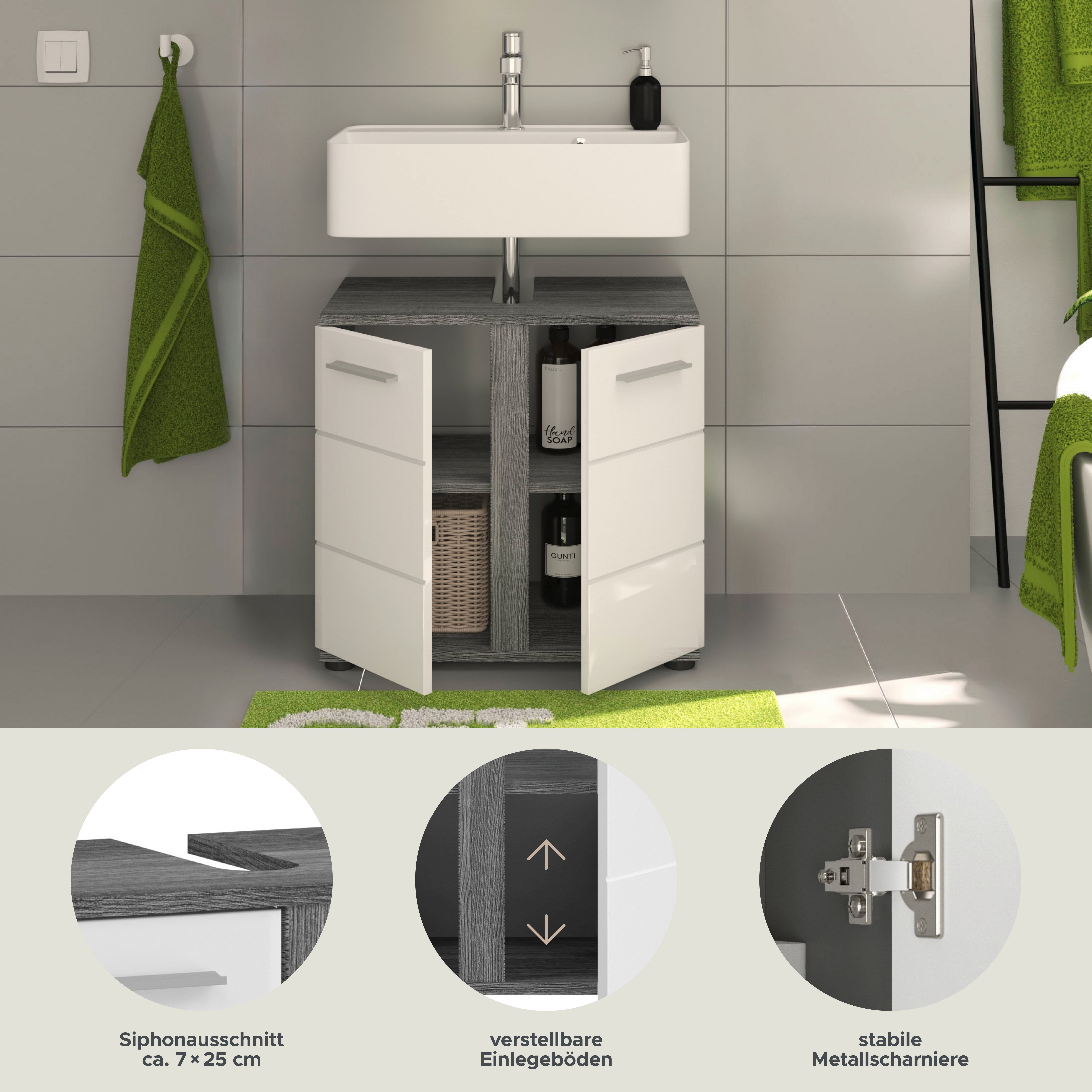 welltime Wastafelonderkast LUCCA, TOPSELLER!, Breedte 60 cm, 2 deuren, 2 vakken, met sifonaansluiting