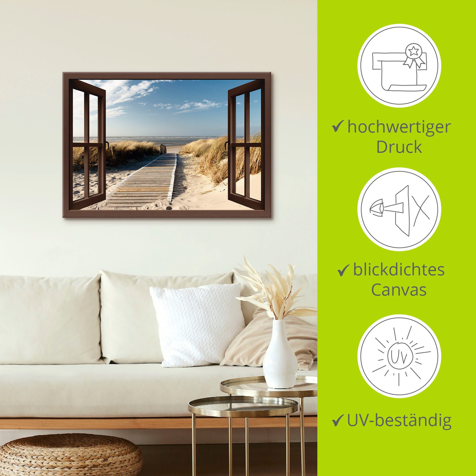 Artland Artprint Blik uit het venster Noordzeestrand op Langeoog als artprint op linnen, poster, muursticker in verschillende maten