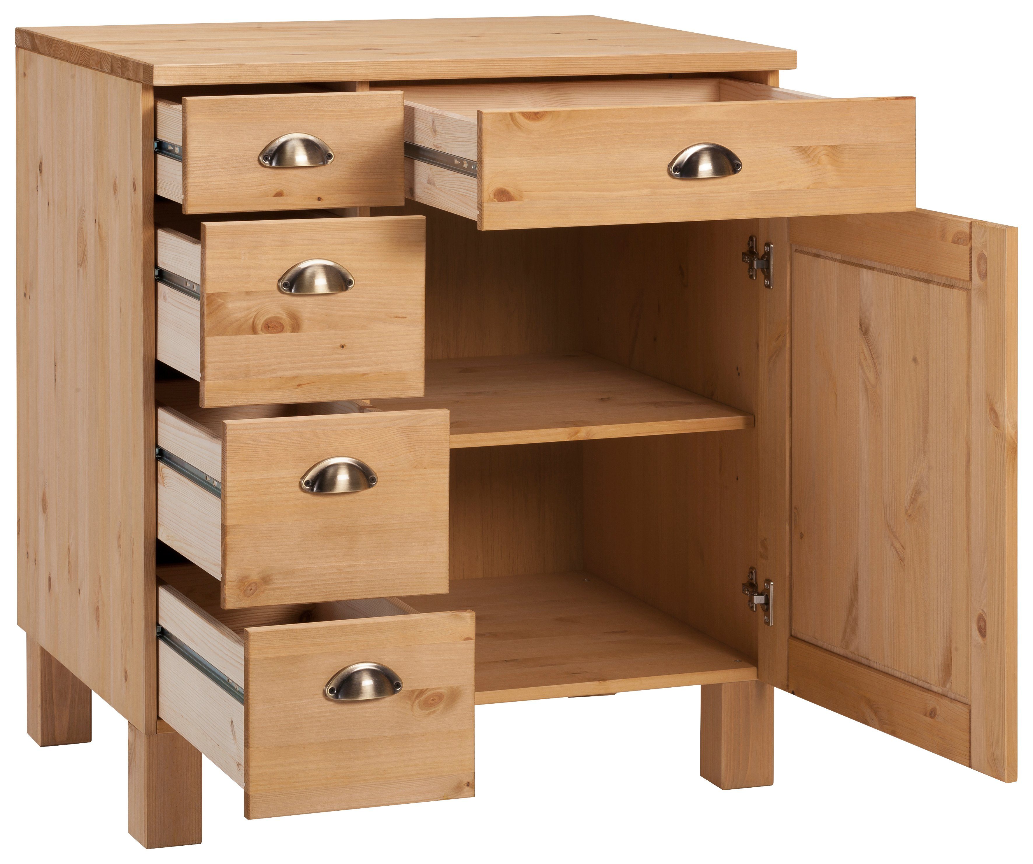 Home affaire Onderkast Oslo 75 cm breed, 1 deur, 5 laden, van grenen, metalen grepen