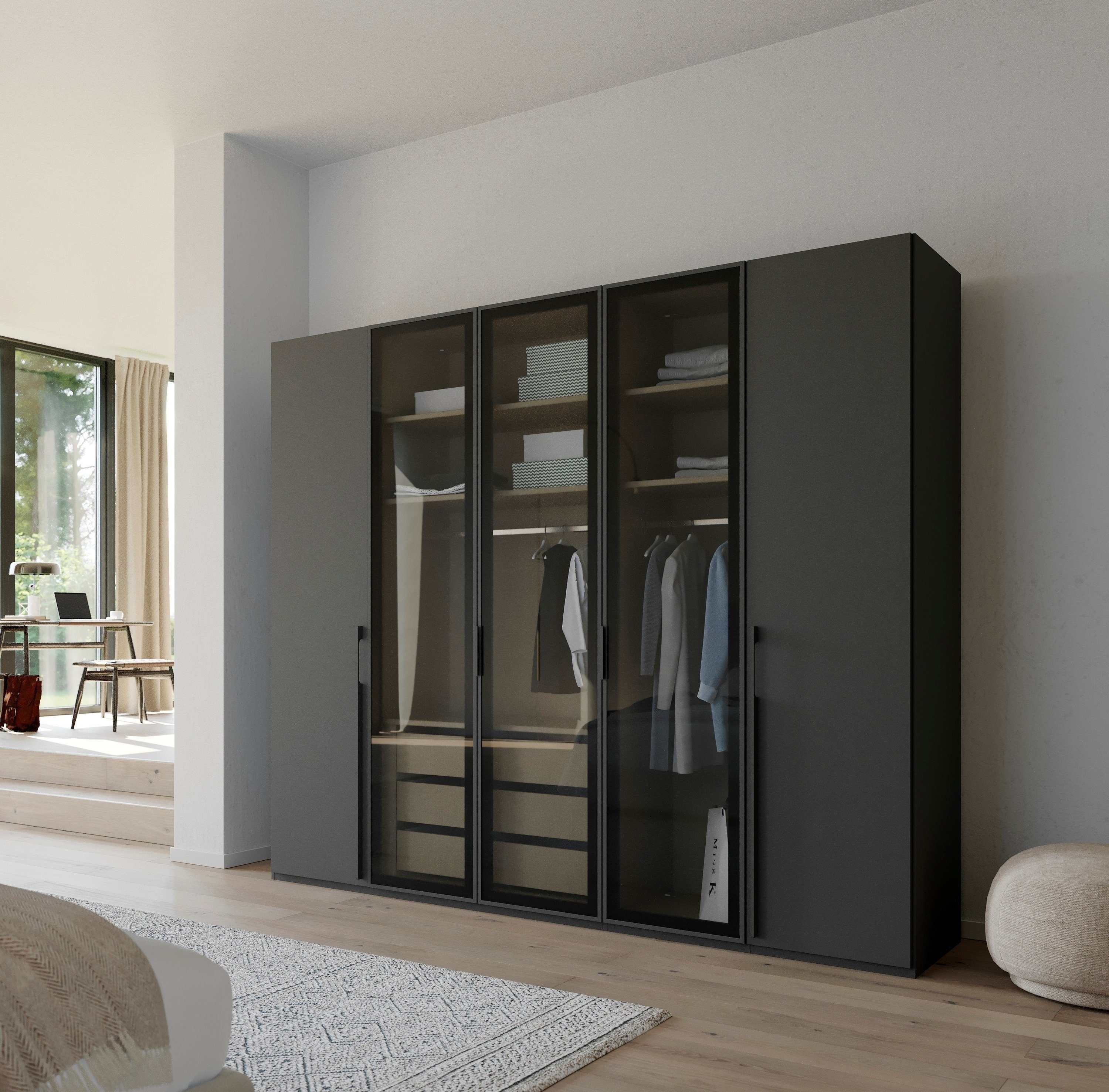 rauch Draaideurkast Kledingkast kast garderobe SKAT SHINE met hoogwaardige, transparant grijs glas inclusief uitgebreid toebehoren made in germany