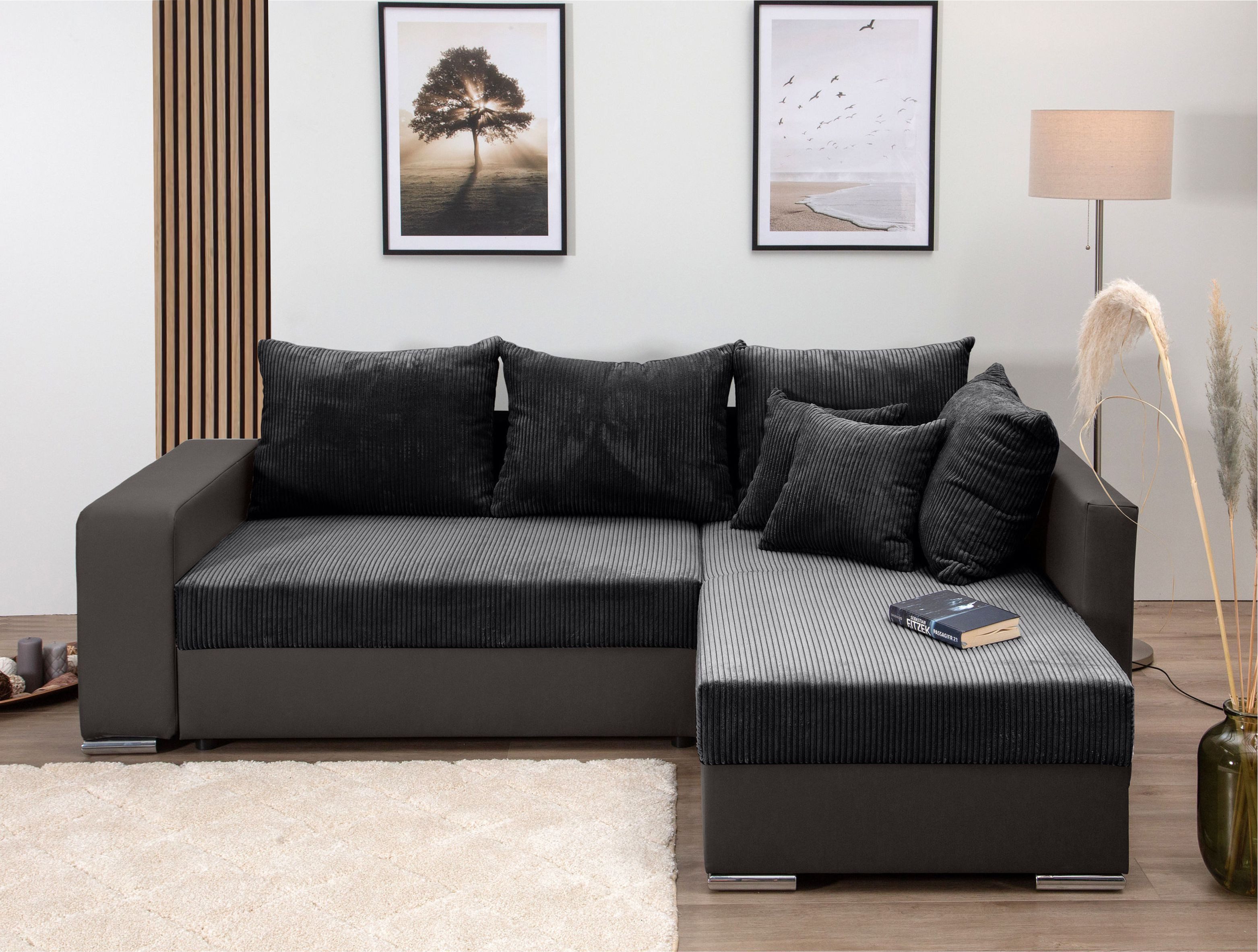 COLLECTION AB Hoekbank L-model Regalarmleuning met LED RGB verlichting, bedfunctie en bedbox