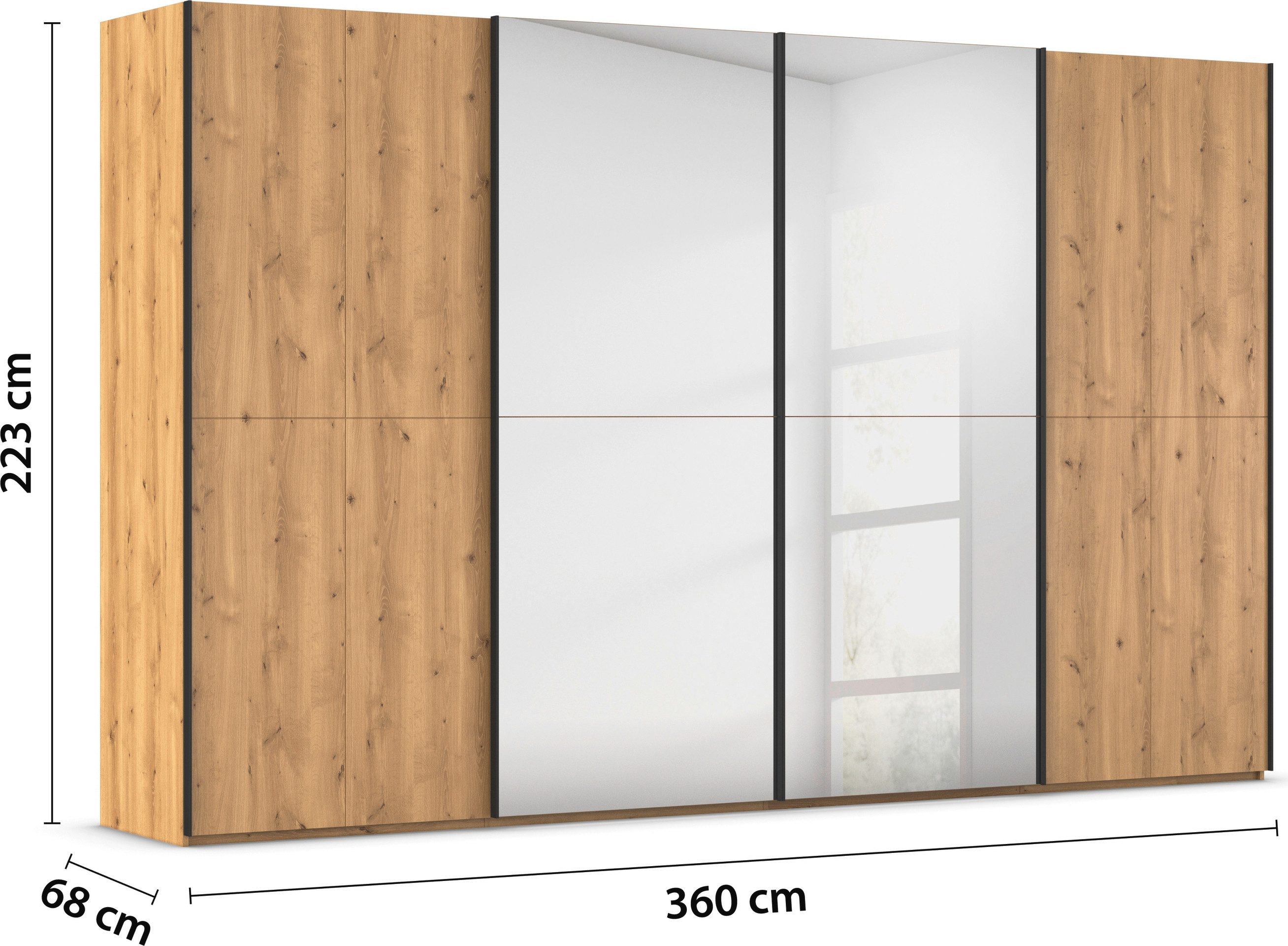 rauch Schuifdeurkast Kledingkast kast garderobe slaapkamerkast SCALE-WOOD edel gesplitste front in massief takken eiken met spiegel made in germany