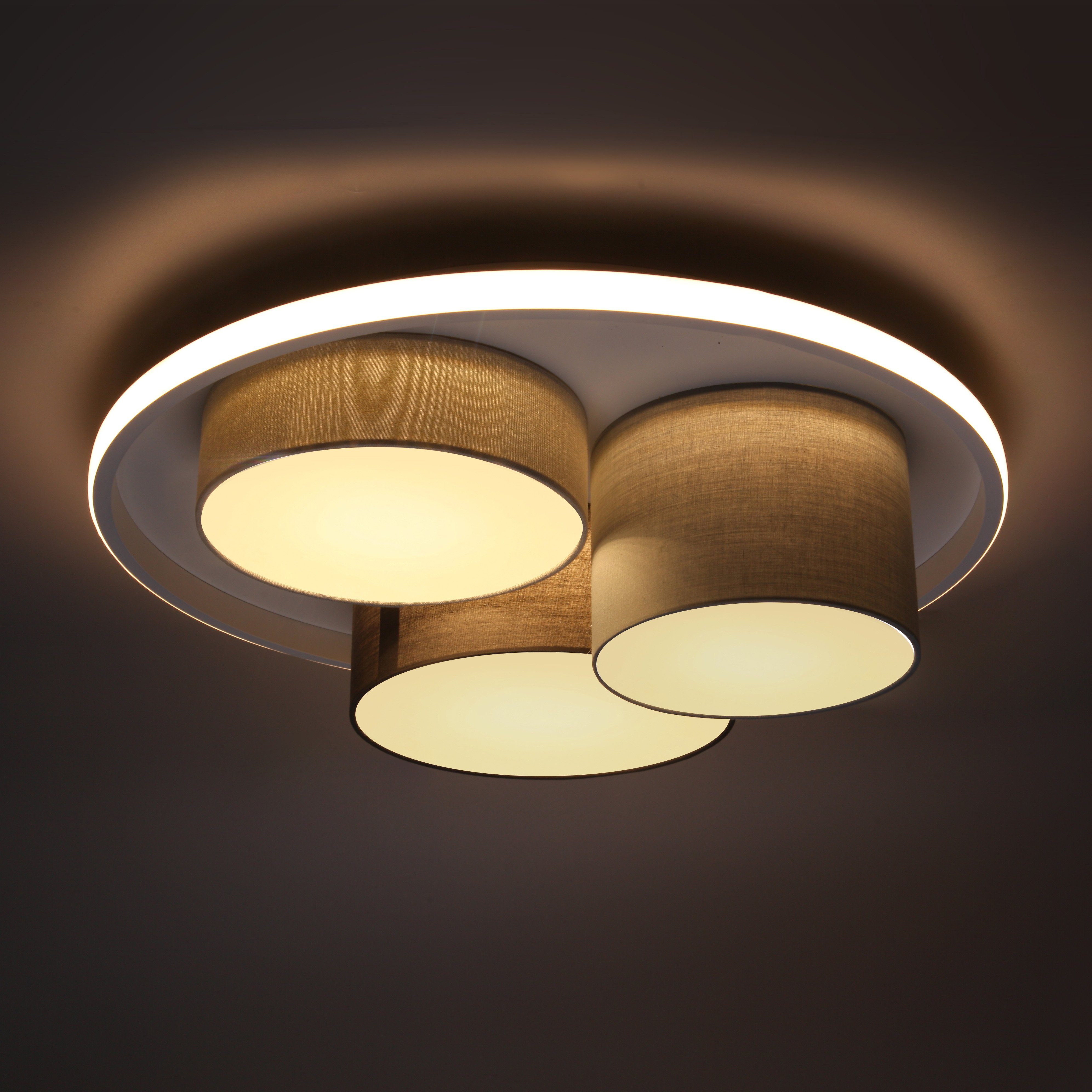 näve Led-plafondlamp Eppan in 3 standen dimbaar via wandschakelaar, lampenkappen: textiel, grijs, wit (1 stuk)