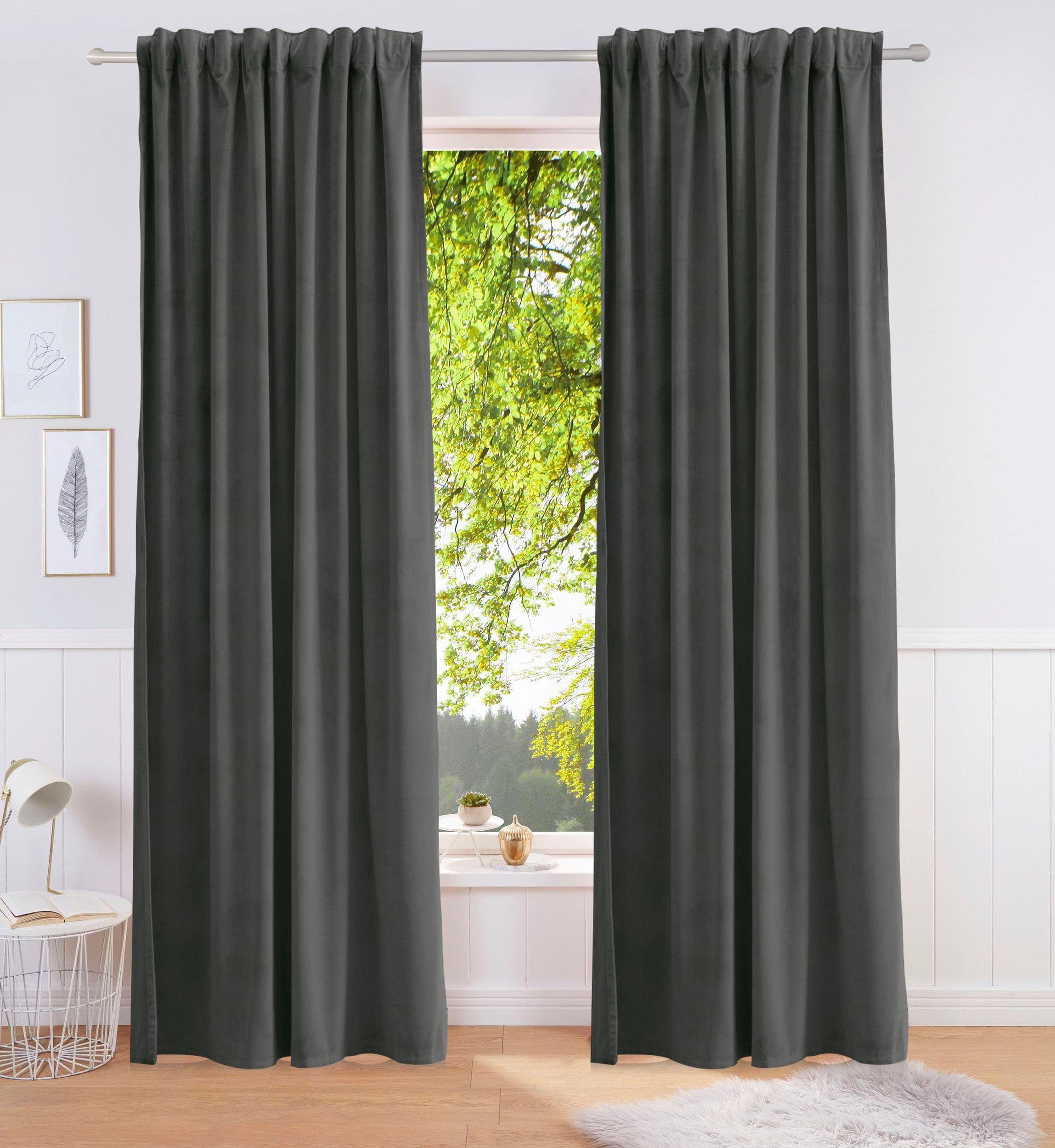 Bruno Banani Gordijn Leroy Velours, effen, monochroom, verschillende maten (1 stuk) kant & klaar gordijnen maat 140 cm x 145 cm grijs