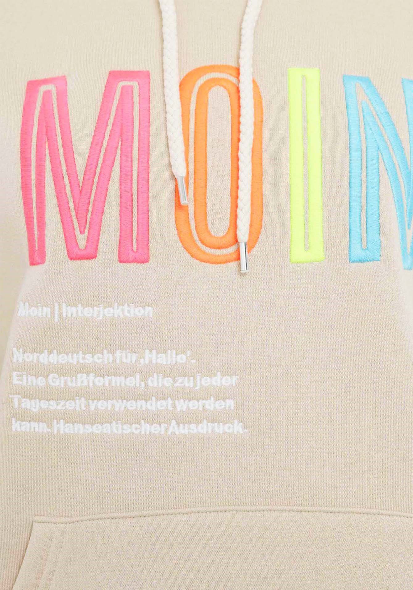 Zwillingsherz Sweatshirt met geborduurd "moin"-schrift in neonkleuren