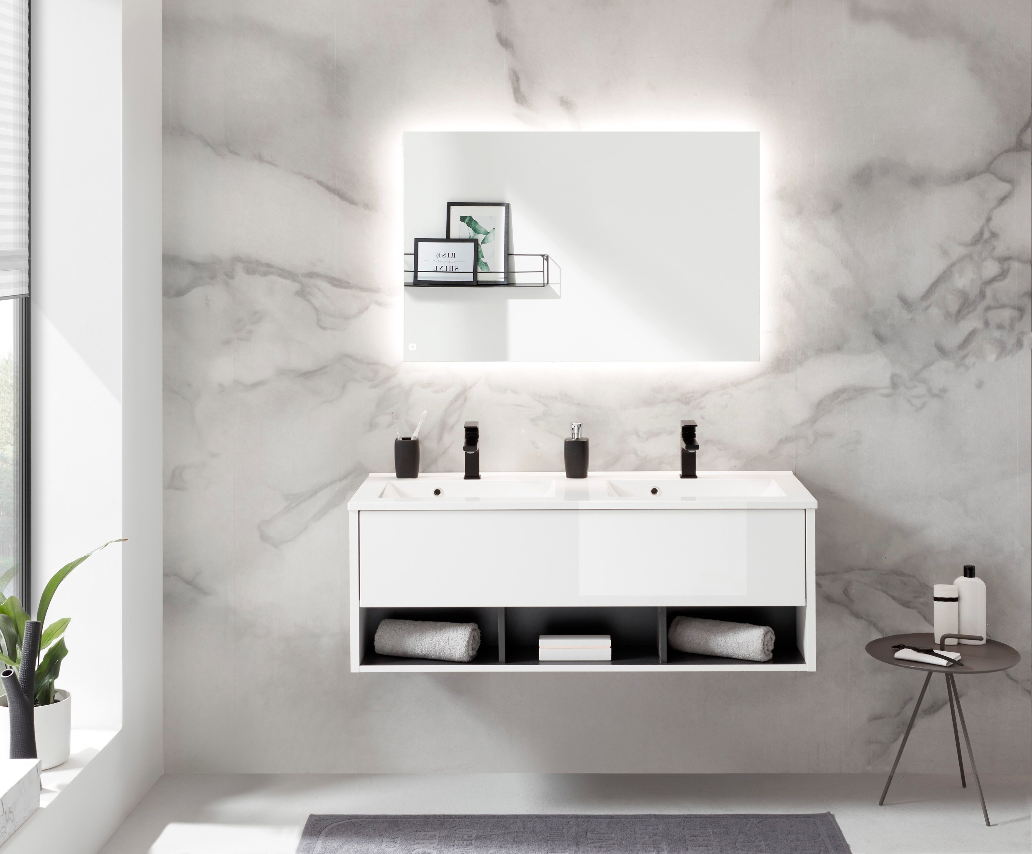 Places of Style Badkamerserie Studio Line, bad in modern ontwerp, 2-delig badkamer Wastafel en spiegel, in twee kleuren beschikbaar, veel opbergruimte (2-delig)