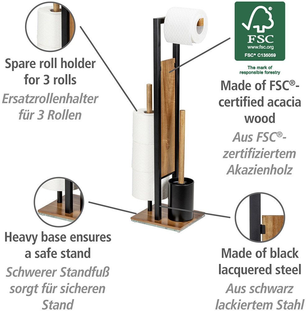 WENKO Toiletset Model Rivalta Acacia geïntegreerde toiletpapierhouder en wc-borstelhouder, acaciahout