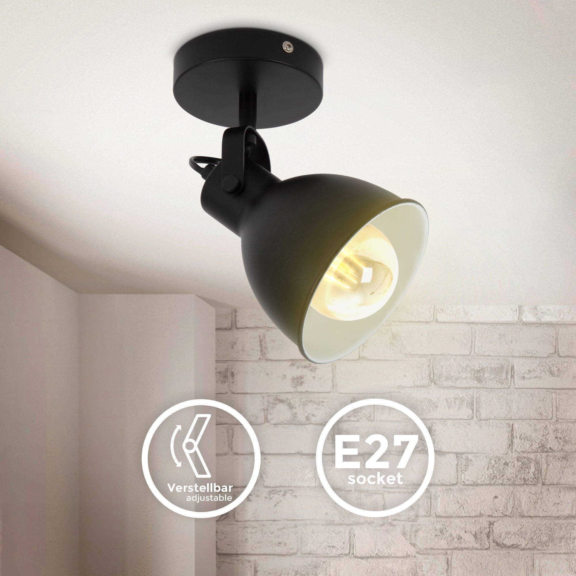 B.K.Licht Wandlamp Design spotlamp, metaal, zwart, E27-fitting (1 stuk)