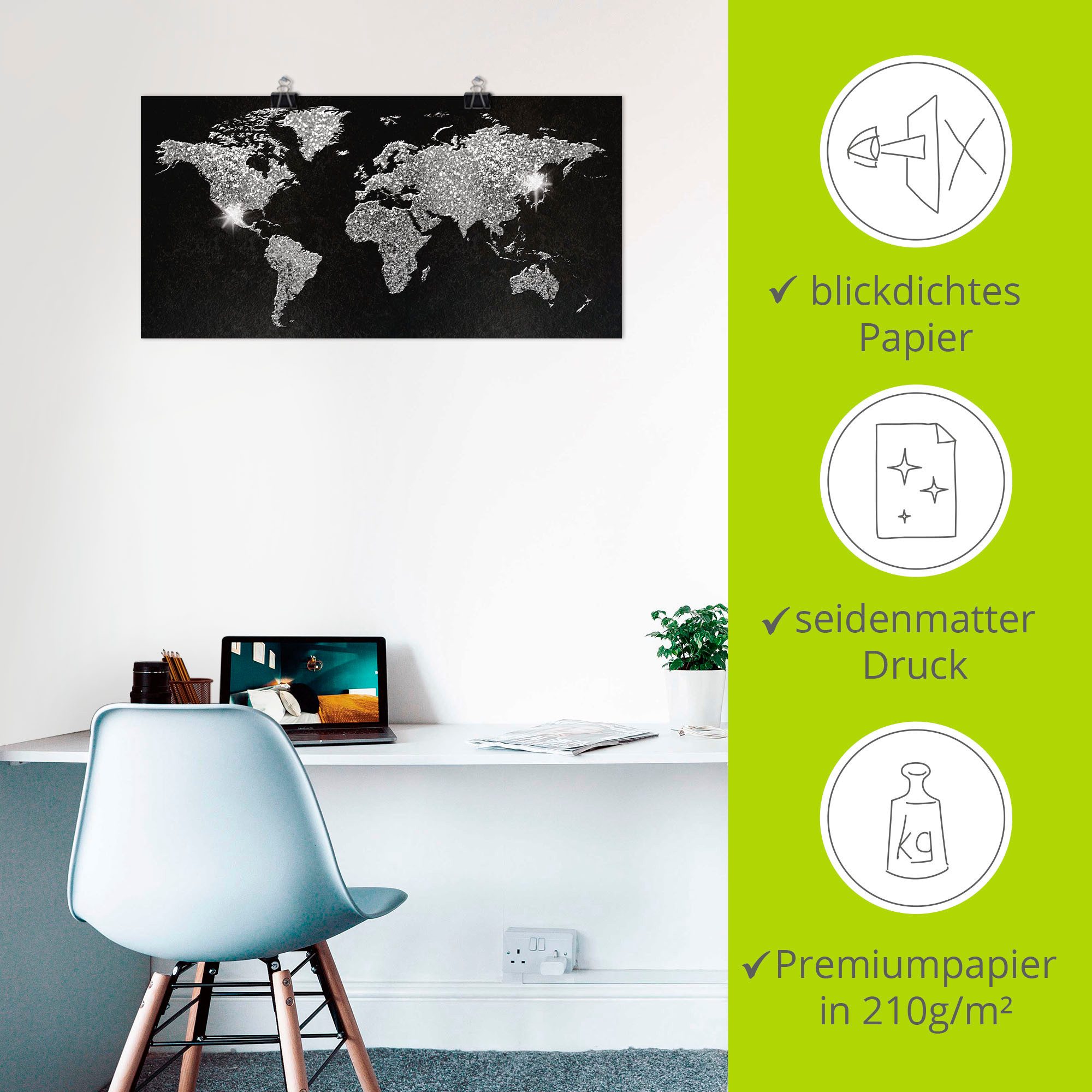 Artland Artprint Wereldkaart glitter als artprint van aluminium, artprint voor buiten, artprint op linnen, poster, muursticker