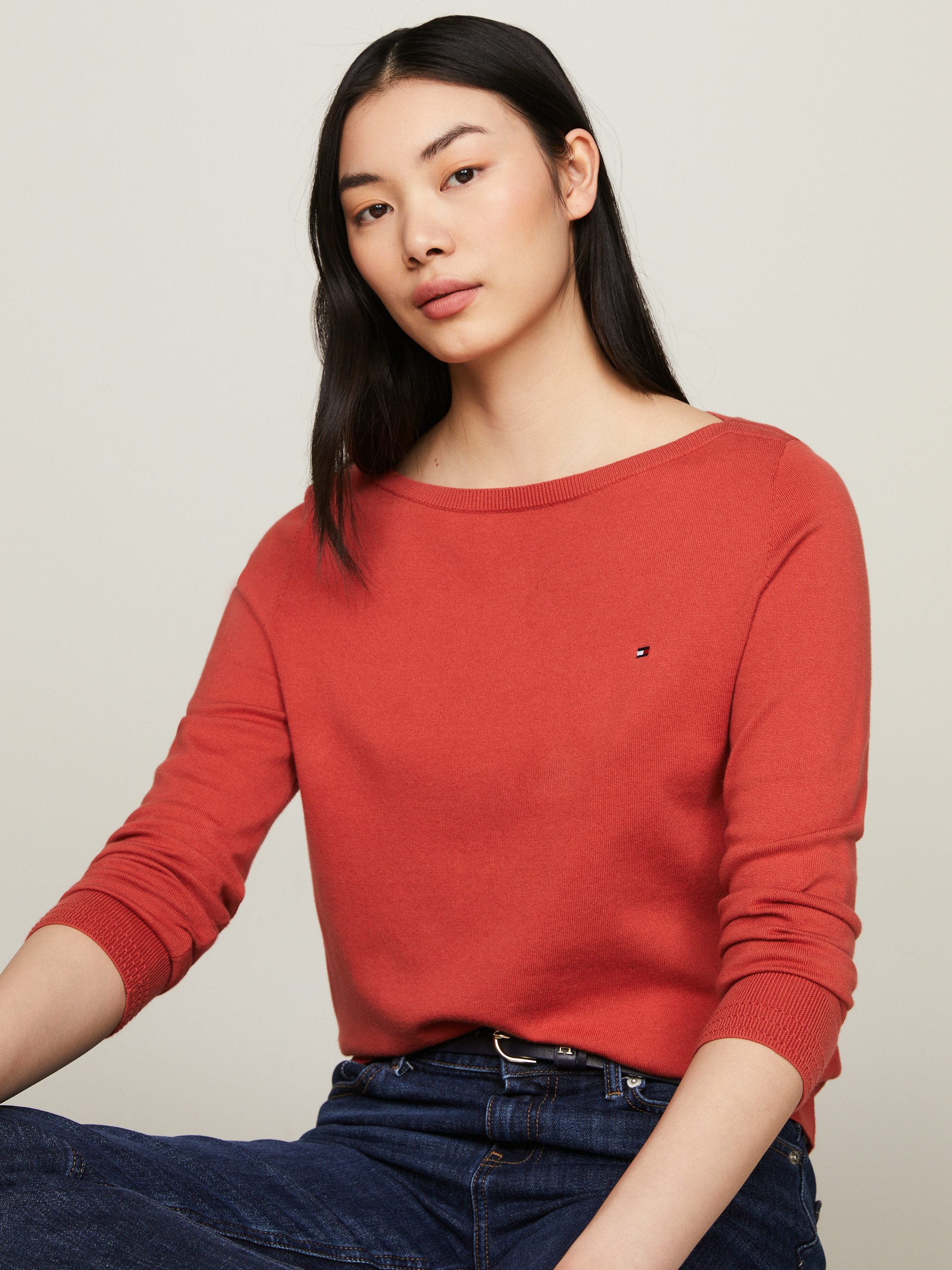 Tommy Hilfiger Gebreide trui CO JERSEY STITCH BOAT-NK SWEATER met -merklabel op de mouw