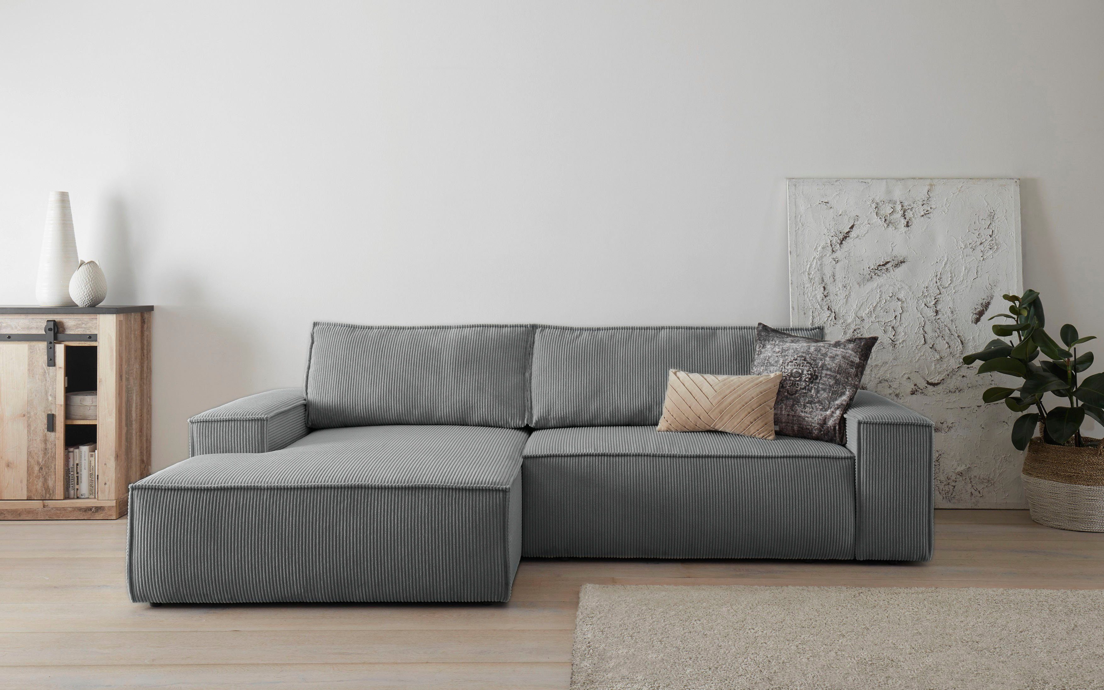 Home affaire Hoekbank SHERWOOD bedbank 267 cm, L-model, Slaapfunctie met bedlade (210x136 cm), cord, vintage, fluweel
