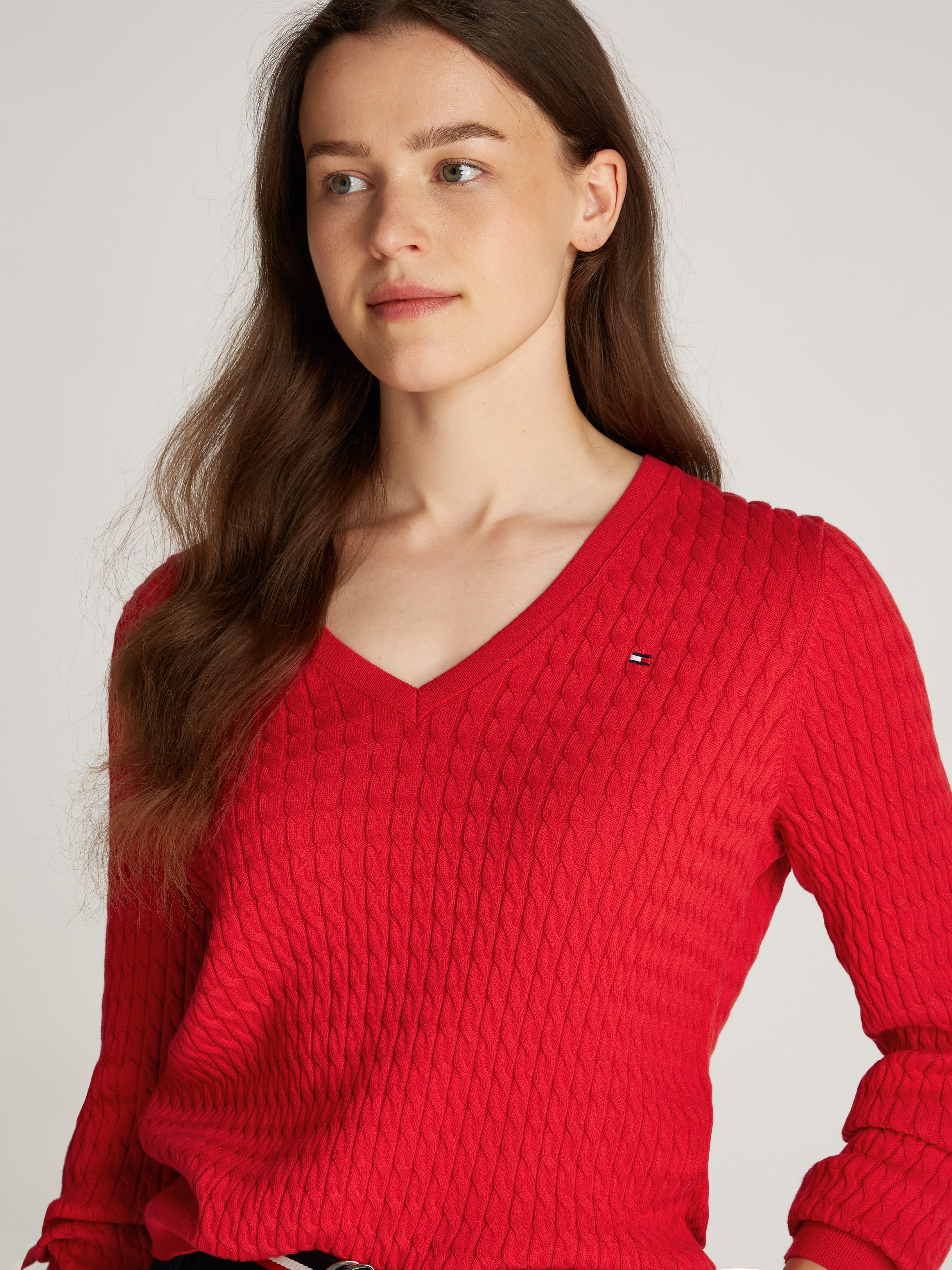 Tommy Hilfiger Trui met V-hals CO CABLE V-NK LS SWT met kabelpatroon, logo-borduursel