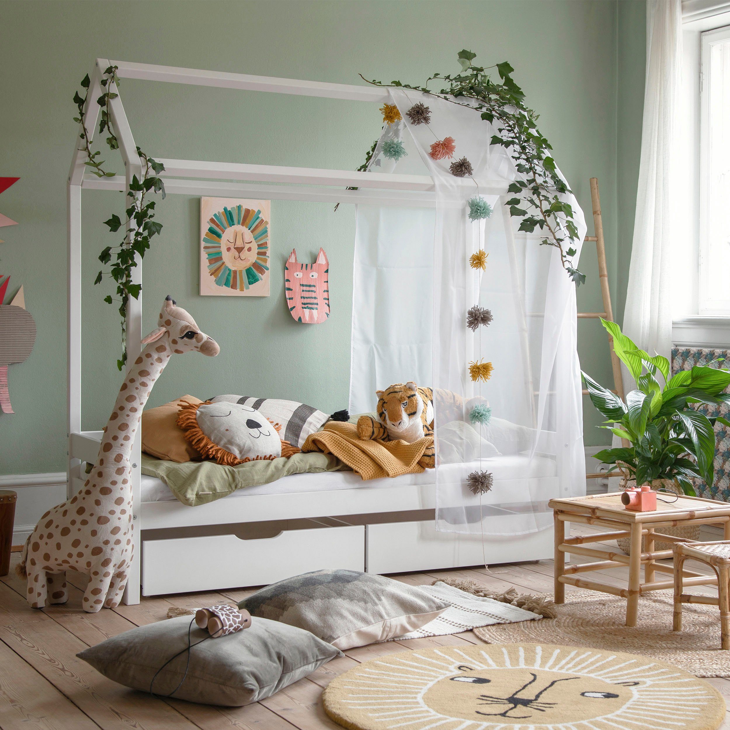 Hoppekids Kinderledikant Eco Dream Huisbed met dak optioneel met bescherming tegen valbescherming