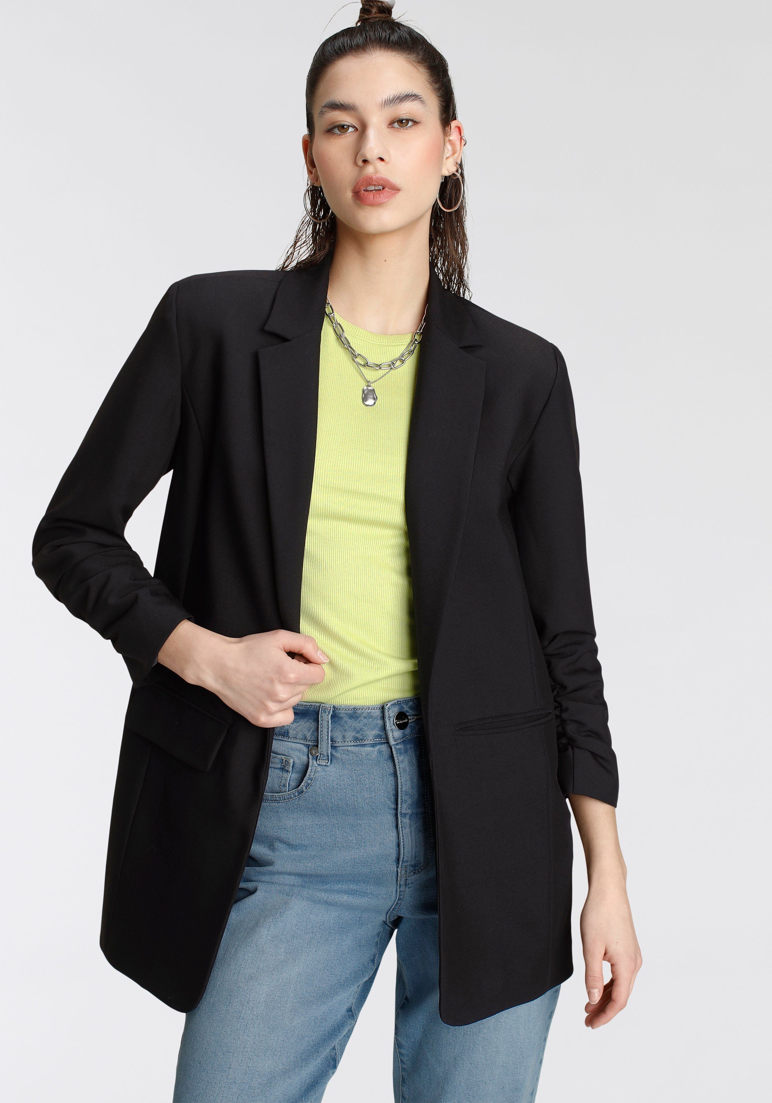 tamaris lange blazer met aangerimpelde mouwen zwart