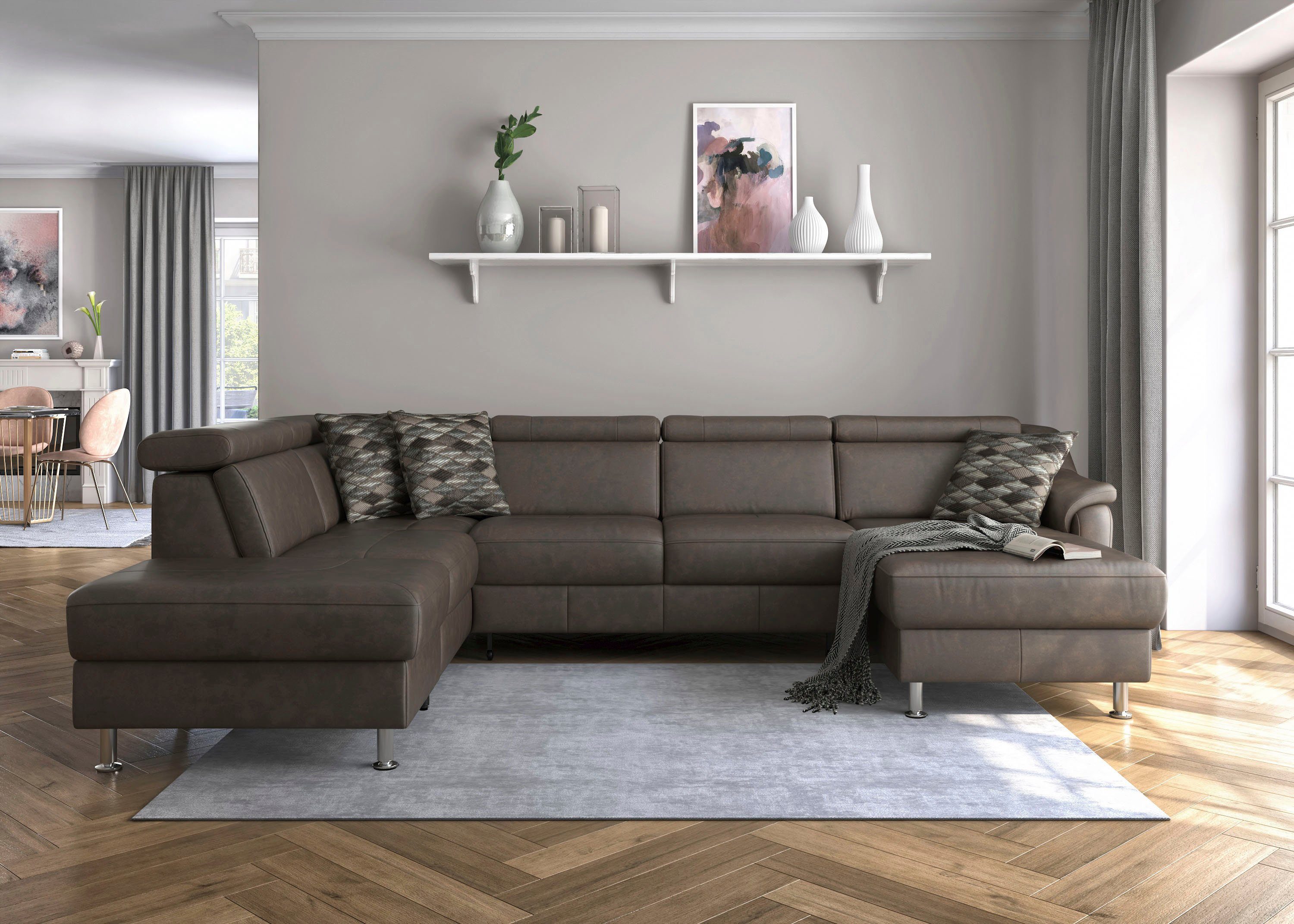 sit&more Zithoek Freetown U-model Verstelbare hoofdsteun en binnenvering, naar keuze met slaapfunctie bruin, zithoeken, 315 cm