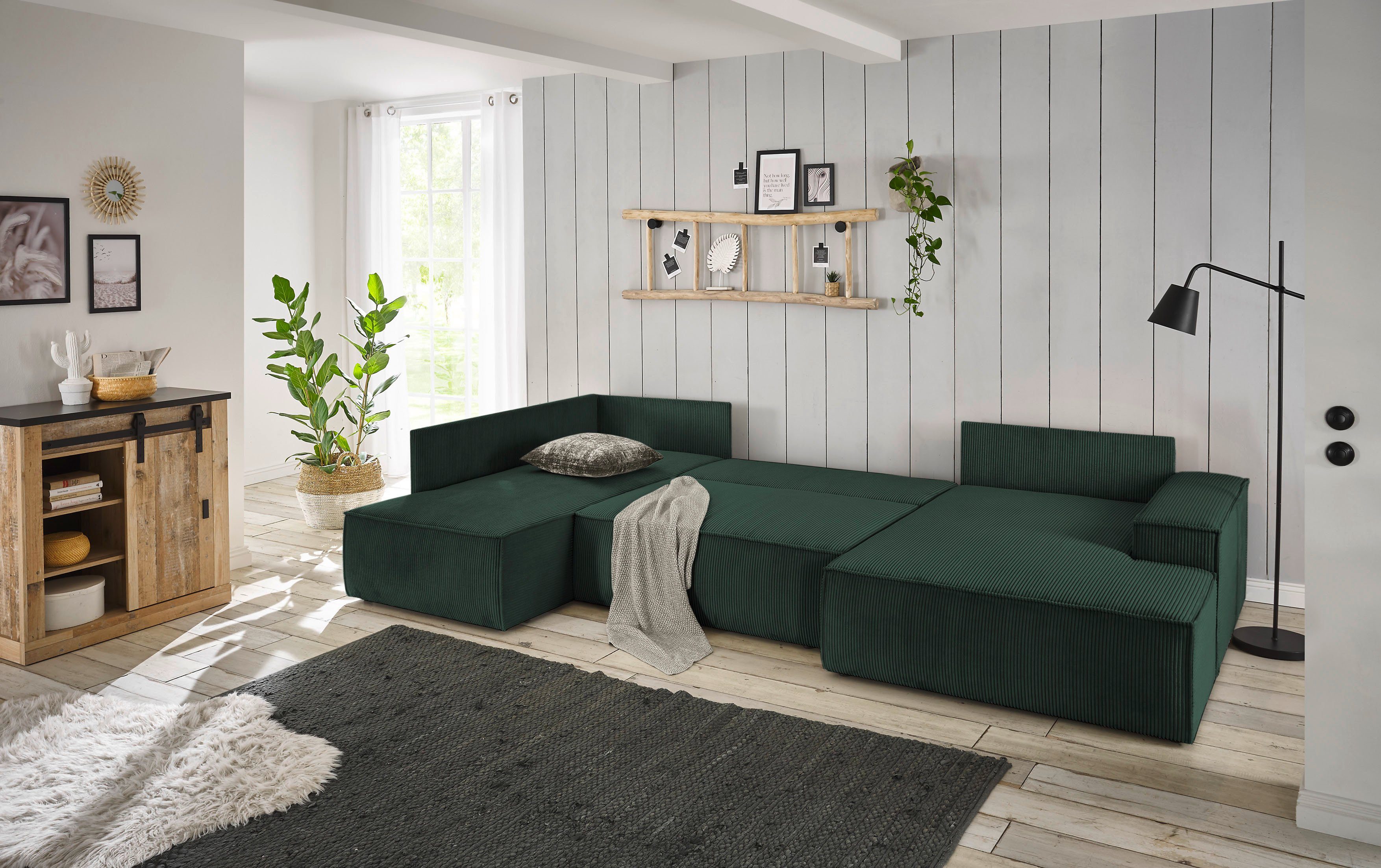 Home affaire Zithoek SHERWOOD 329 cm, U-vorm, slaapbank, Slaapfunctie met bedkist (194x139 cm), cord, vintage, fluweel
